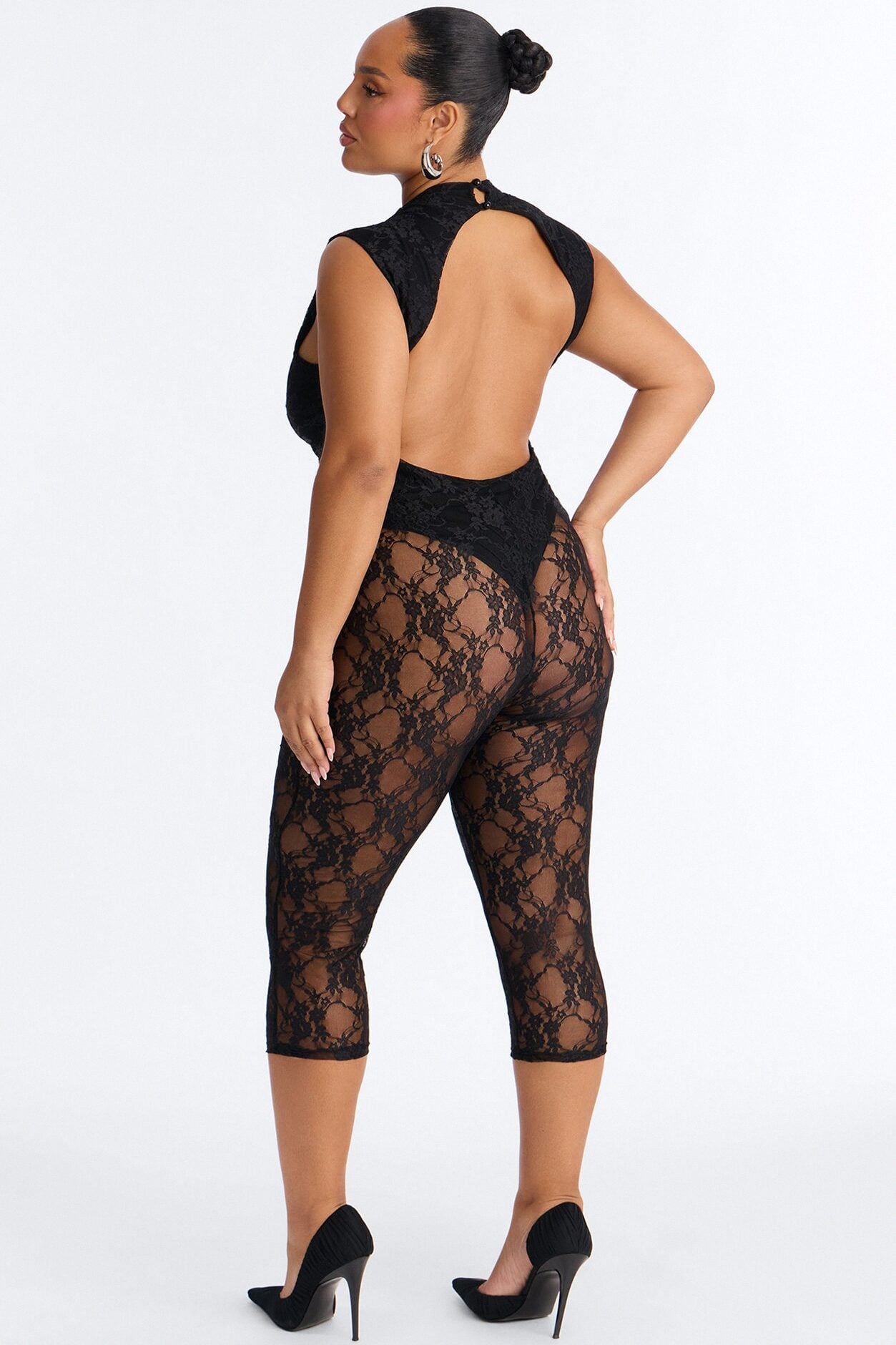 Miley Backless Lace Capri Catsuit - Black image 8