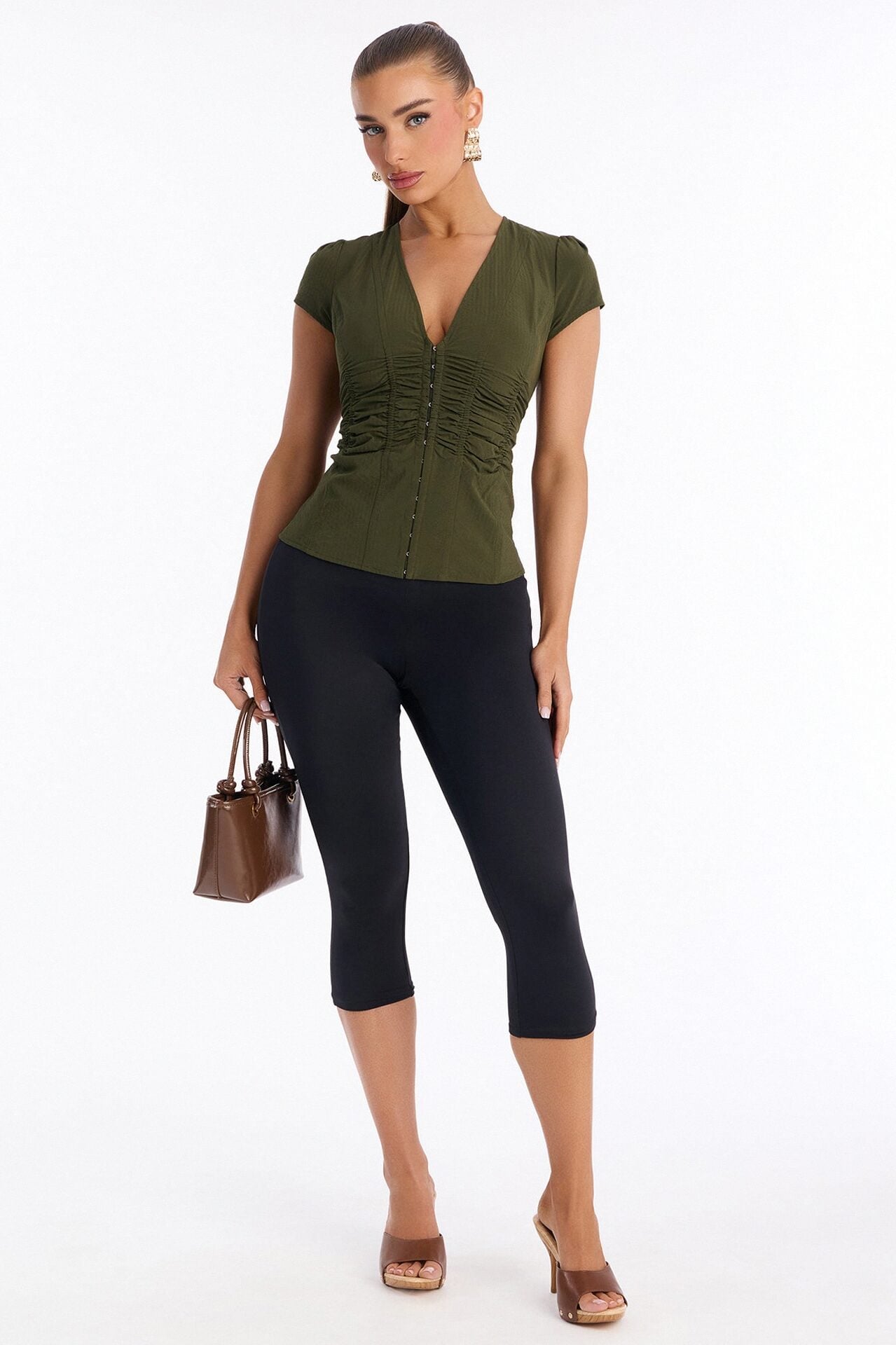 Catch Feelings Short Sleeve Ruched Top - Olive image 2