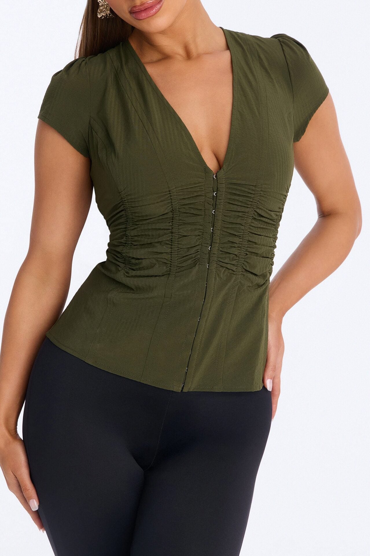 Catch Feelings Short Sleeve Ruched Top - Olive image 3
