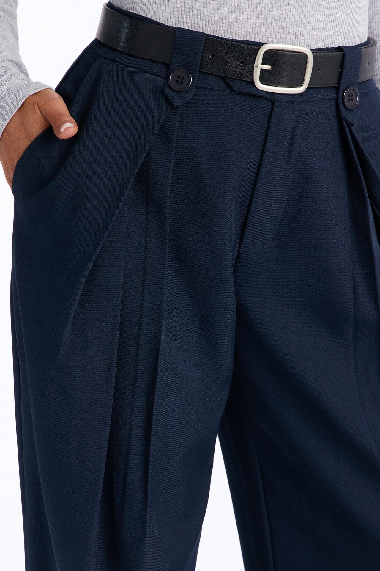 Brooklyn Mid Rise Belted Wide Leg Trouser Pant 33″ - Navy image 3