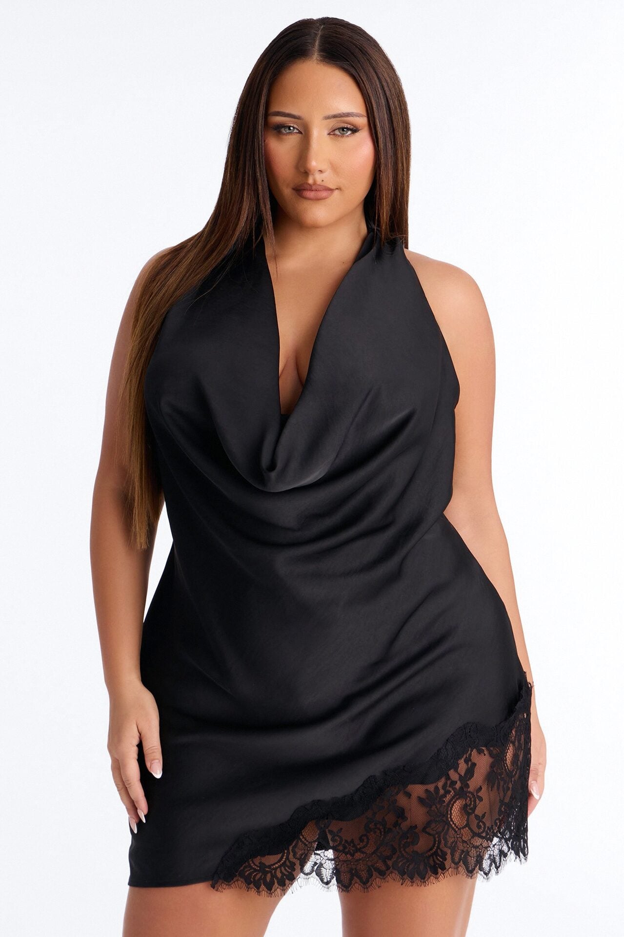 Selena Lace Trim Satin Mini Dress - Black image 4