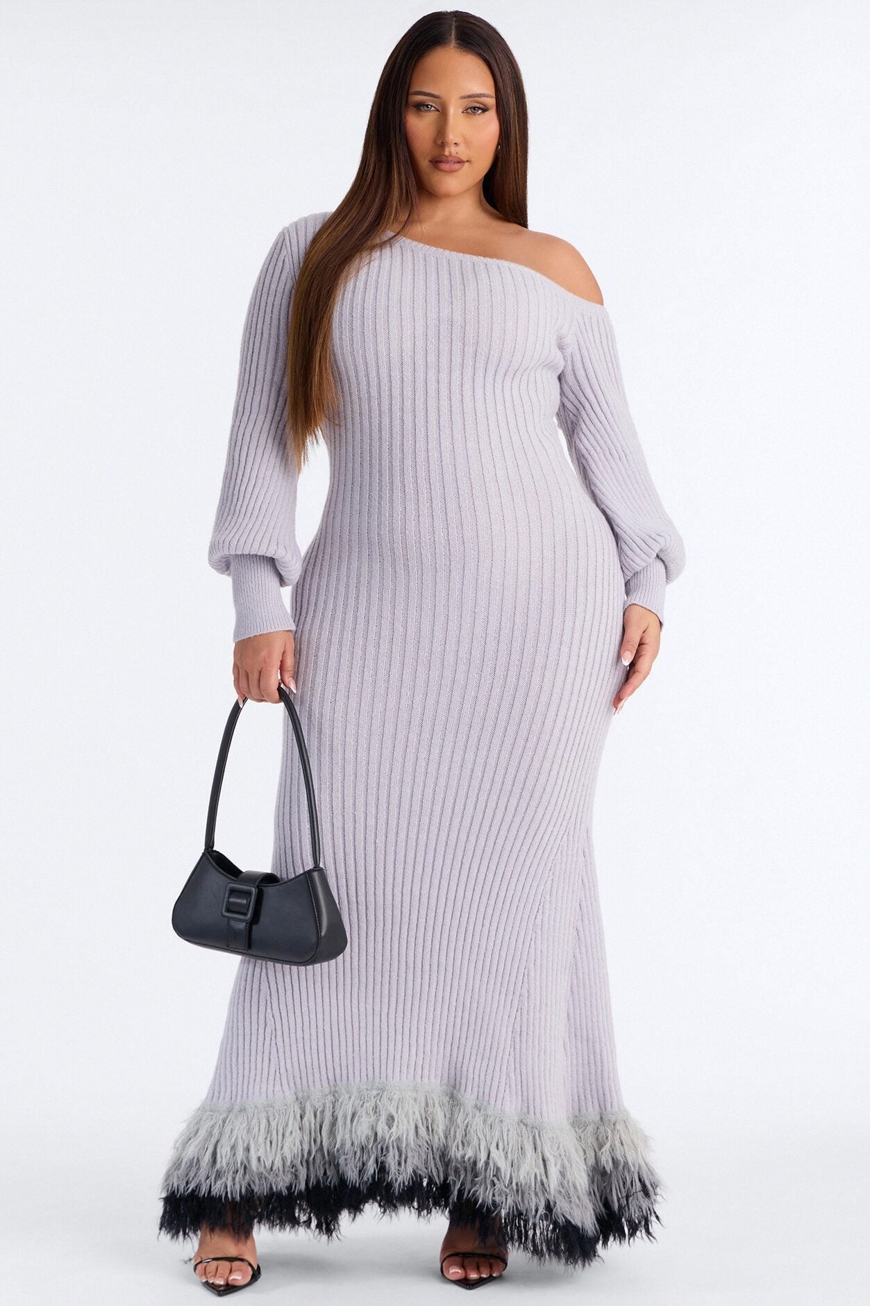 Stop And Stare Fur Trim Sweater Maxi Dress - Grey image 5