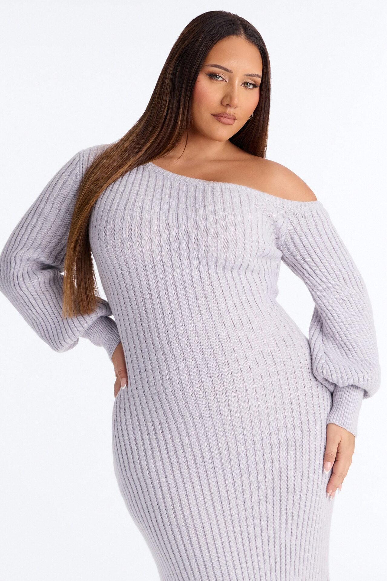 Stop And Stare Fur Trim Sweater Maxi Dress - Grey image 6