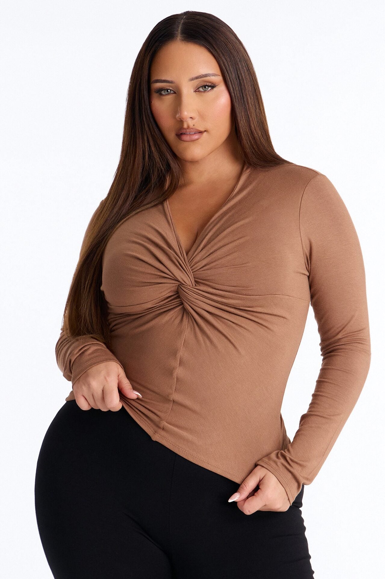 Pure Twist V-Neck Long Sleeve Top - Mocha image 5