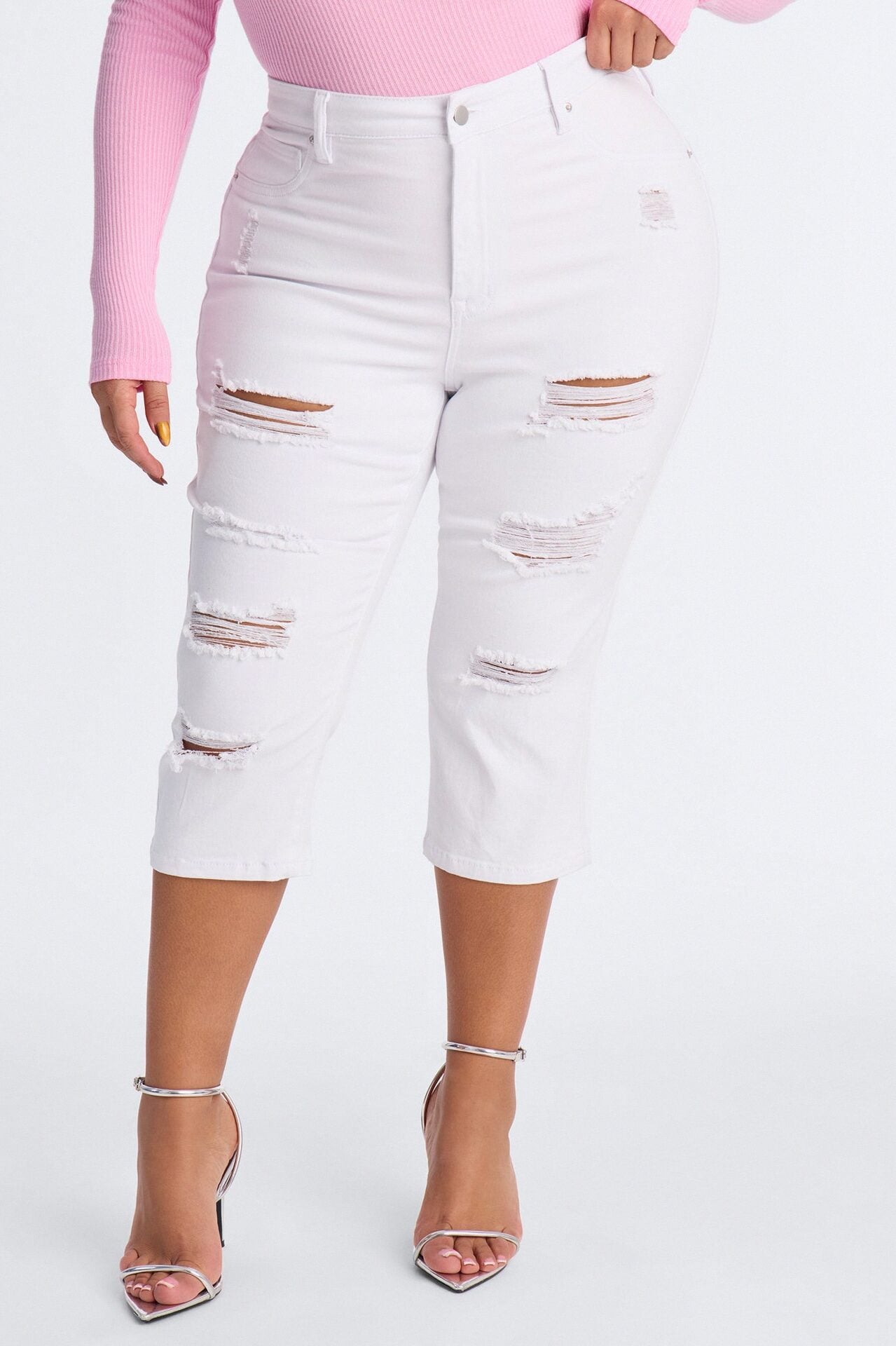 Salem Booty Lifting Ripped High Rise Stretch Capri Jeans - White image 6
