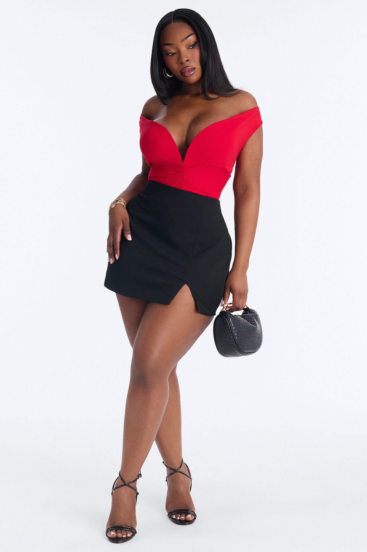 Evening Desire Off Shoulder Deep V-Neck Ruched Bodysuit - Red image 6