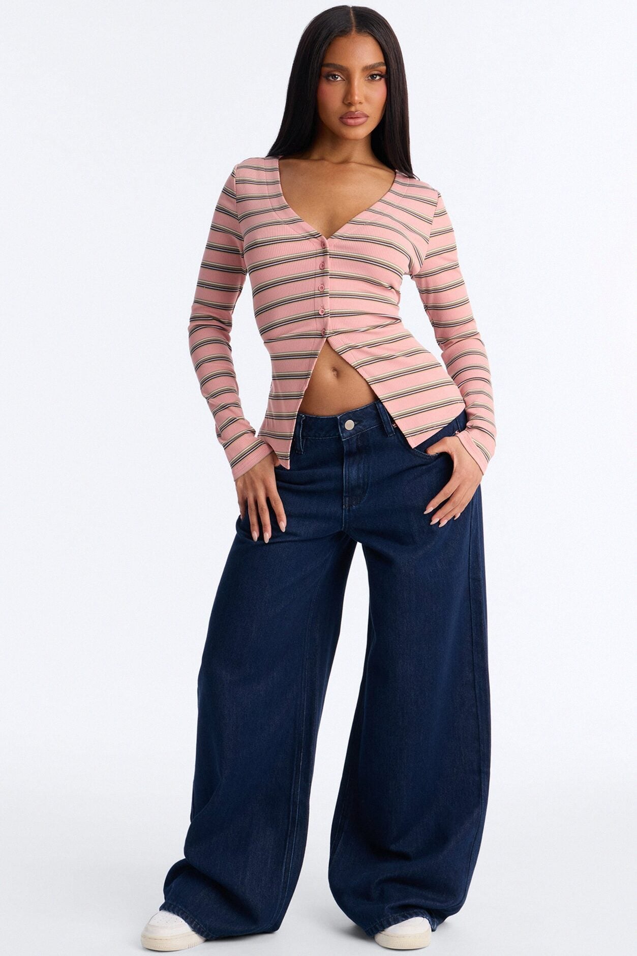 Blaire Striped Ribbed Flyaway Long Sleeve Top - Pink/combo image 2