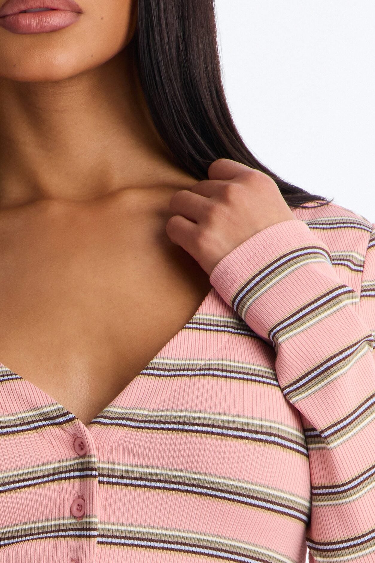 Blaire Striped Ribbed Flyaway Long Sleeve Top - Pink/combo image 3