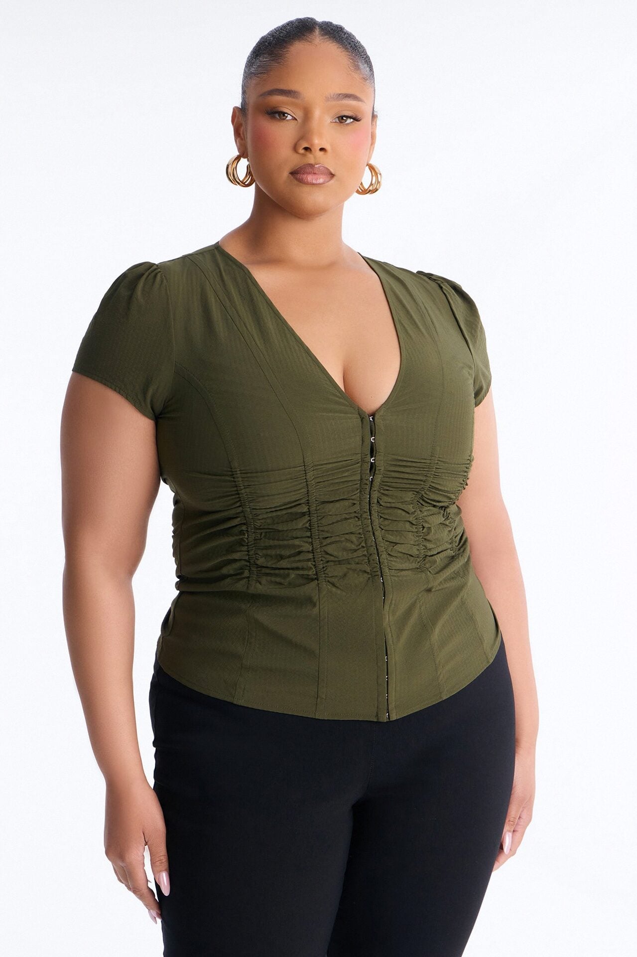 Catch Feelings Short Sleeve Ruched Top - Olive image 5