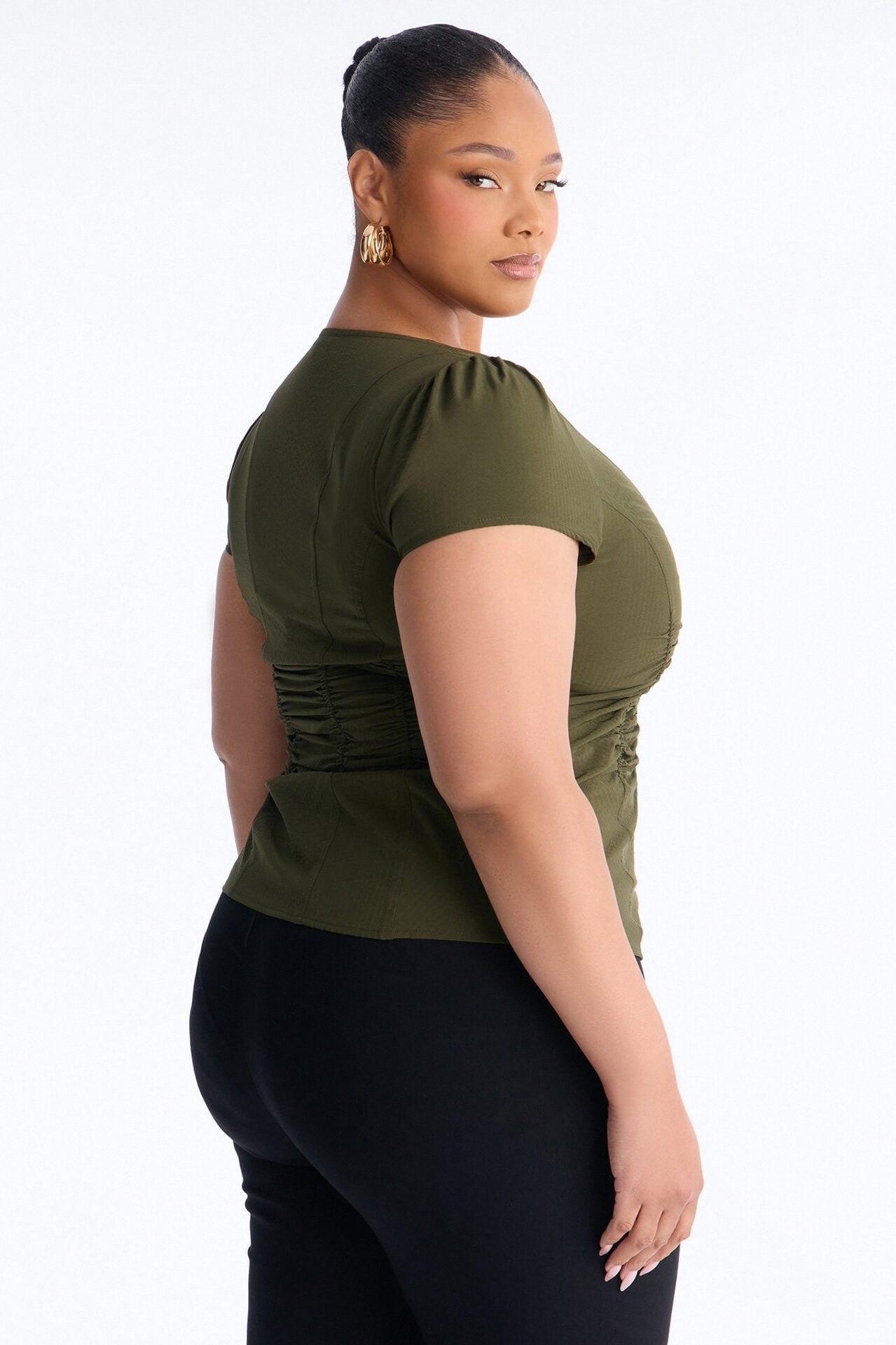 Catch Feelings Short Sleeve Ruched Top - Olive image 8