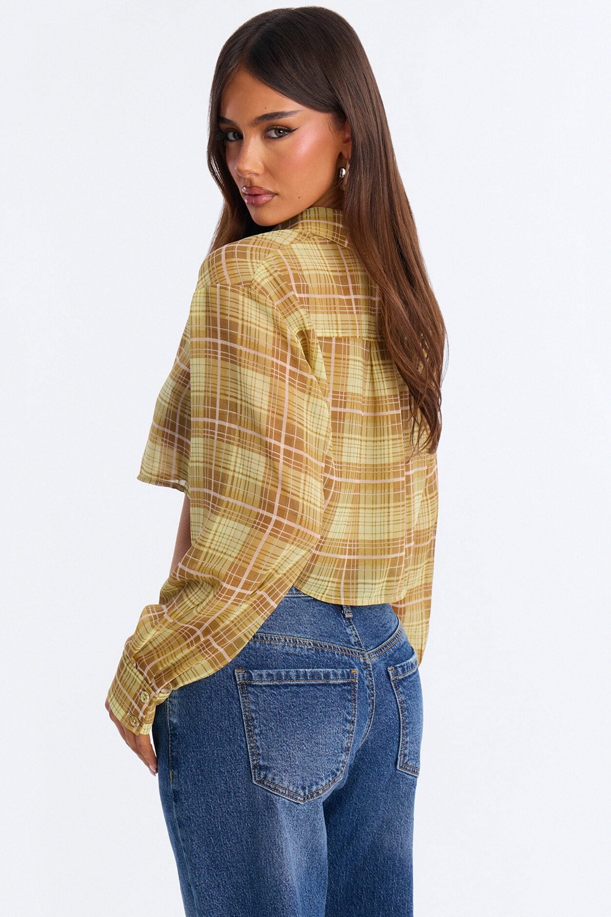 Tropic Oasis Plaid Chiffon Cropped Shirt - Yellow/combo image 4