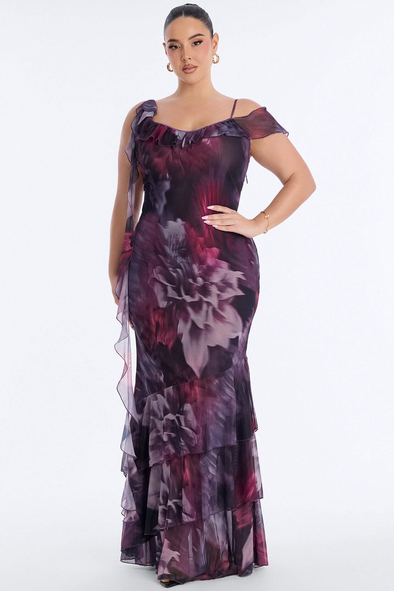 Hopeless Romantic Ruffle Mesh Maxi Dress - Plum/Multi image 5