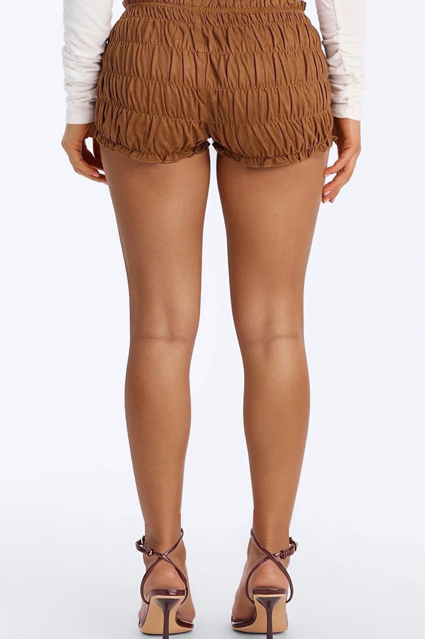 Chasing The Sun Faux Suede Micro Bloomers Shorts 1.5″ - Camel image 4