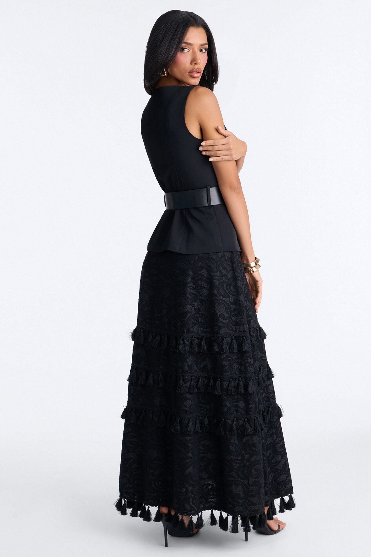 Inez Fringe Trim Belted Maxi Skirt Set - Black image 5