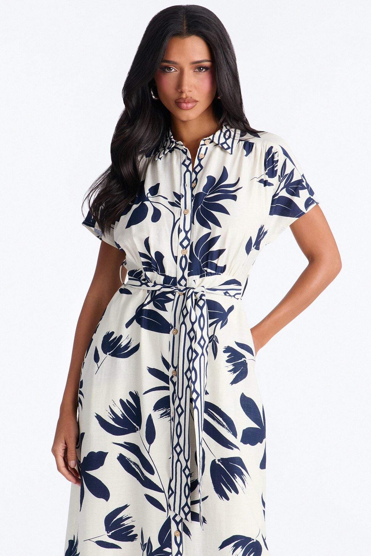 Mable Collared Linen Maxi Dress - Navy/combo image 2