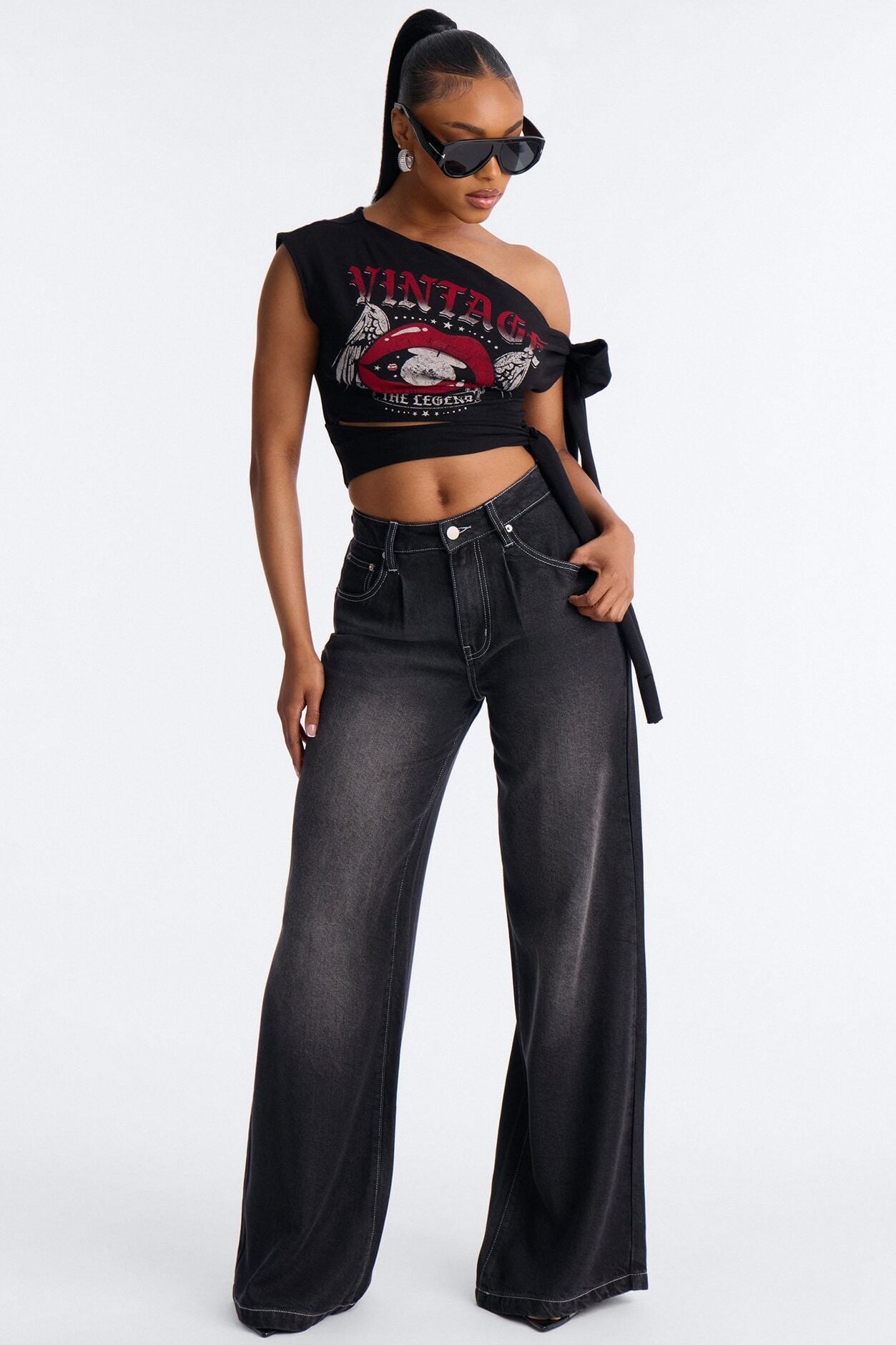 Vintage Legend Off Shoulder Cropped Top - Black image 2