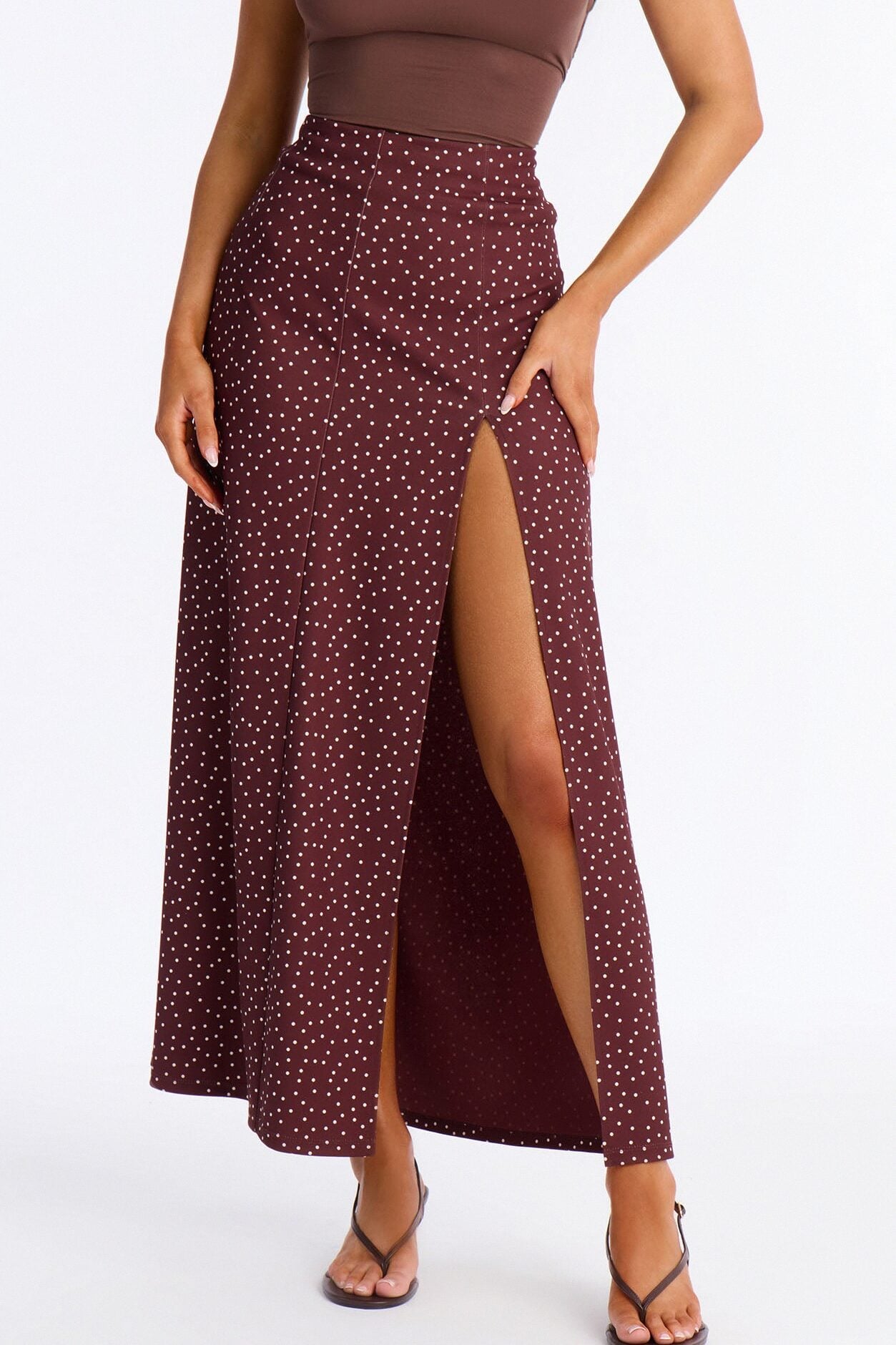 Dani Polka Dot High Slit Ankle Maxi - Chocolate image 2