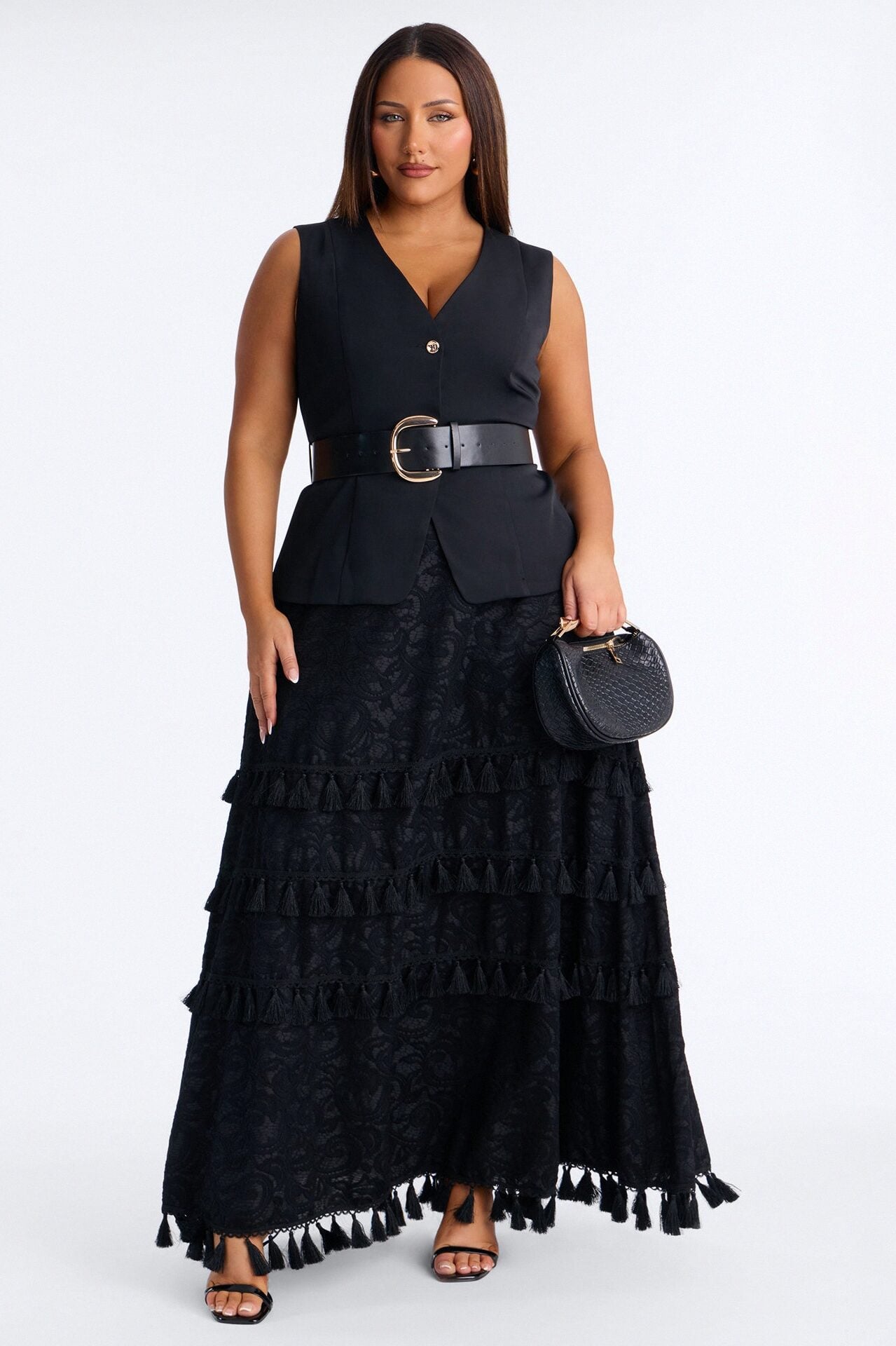 Inez Fringe Trim Belted Maxi Skirt Set - Black image 6