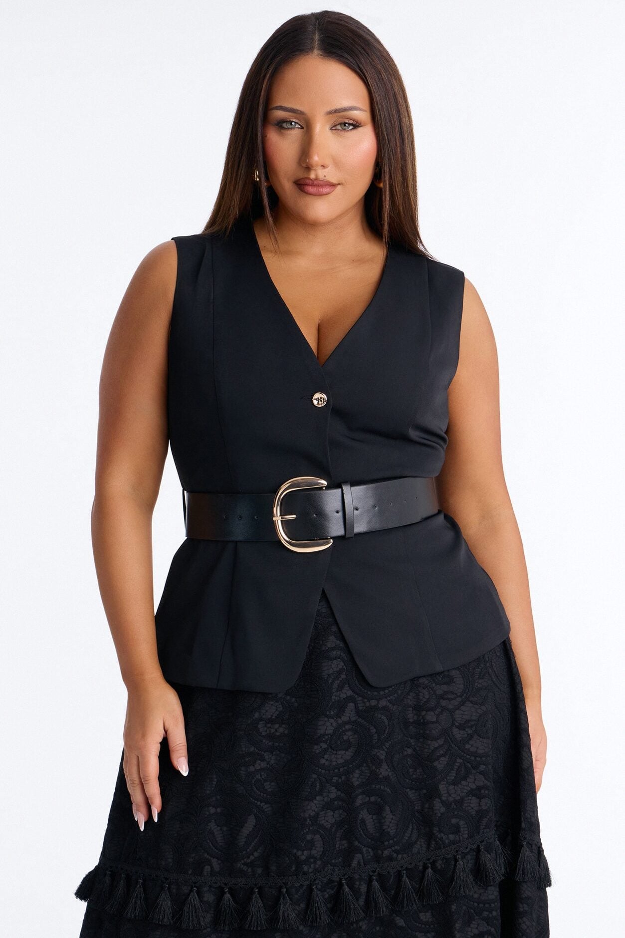 Inez Fringe Trim Belted Maxi Skirt Set - Black image 7