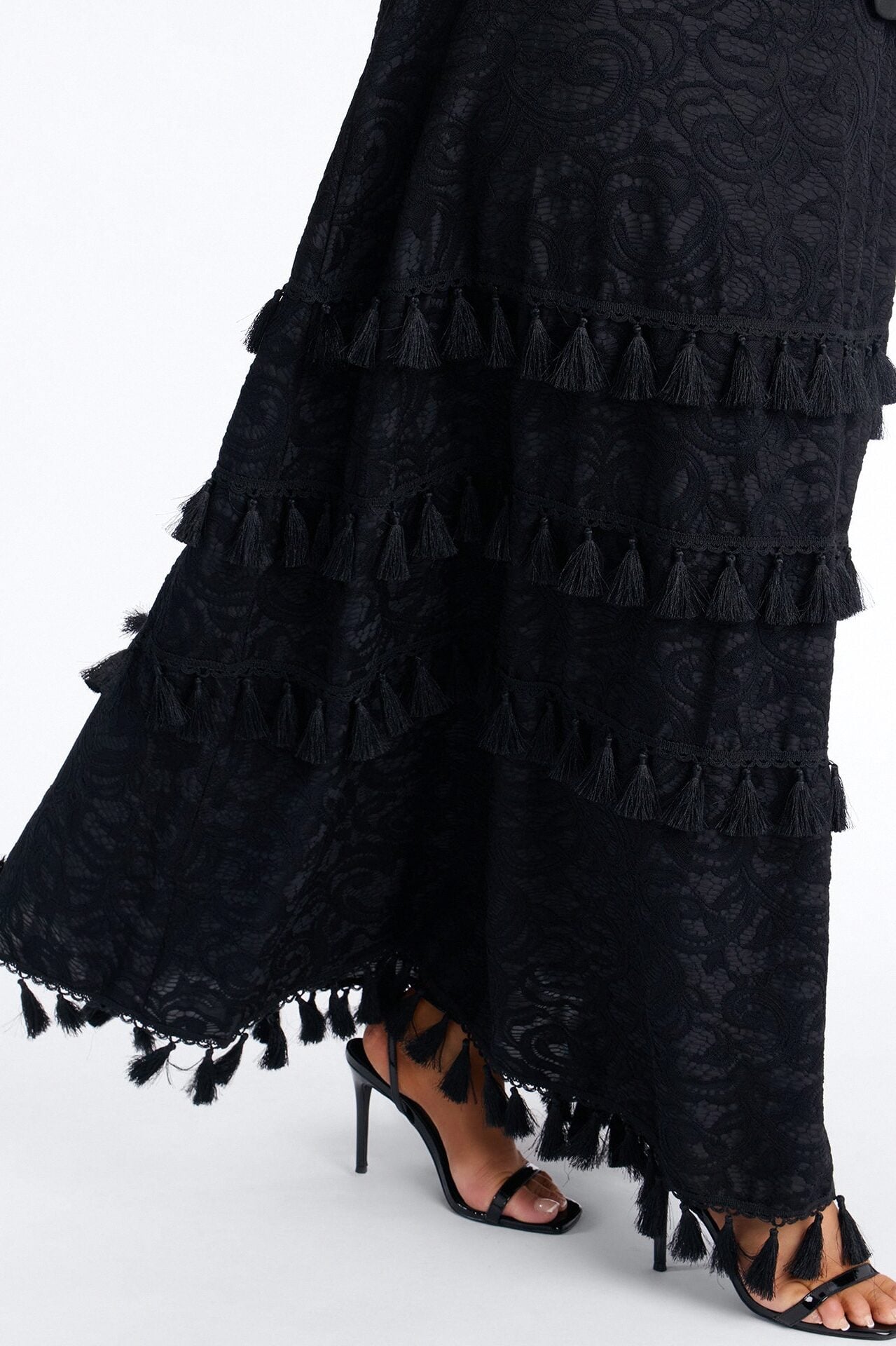 Inez Fringe Trim Belted Maxi Skirt Set - Black image 9