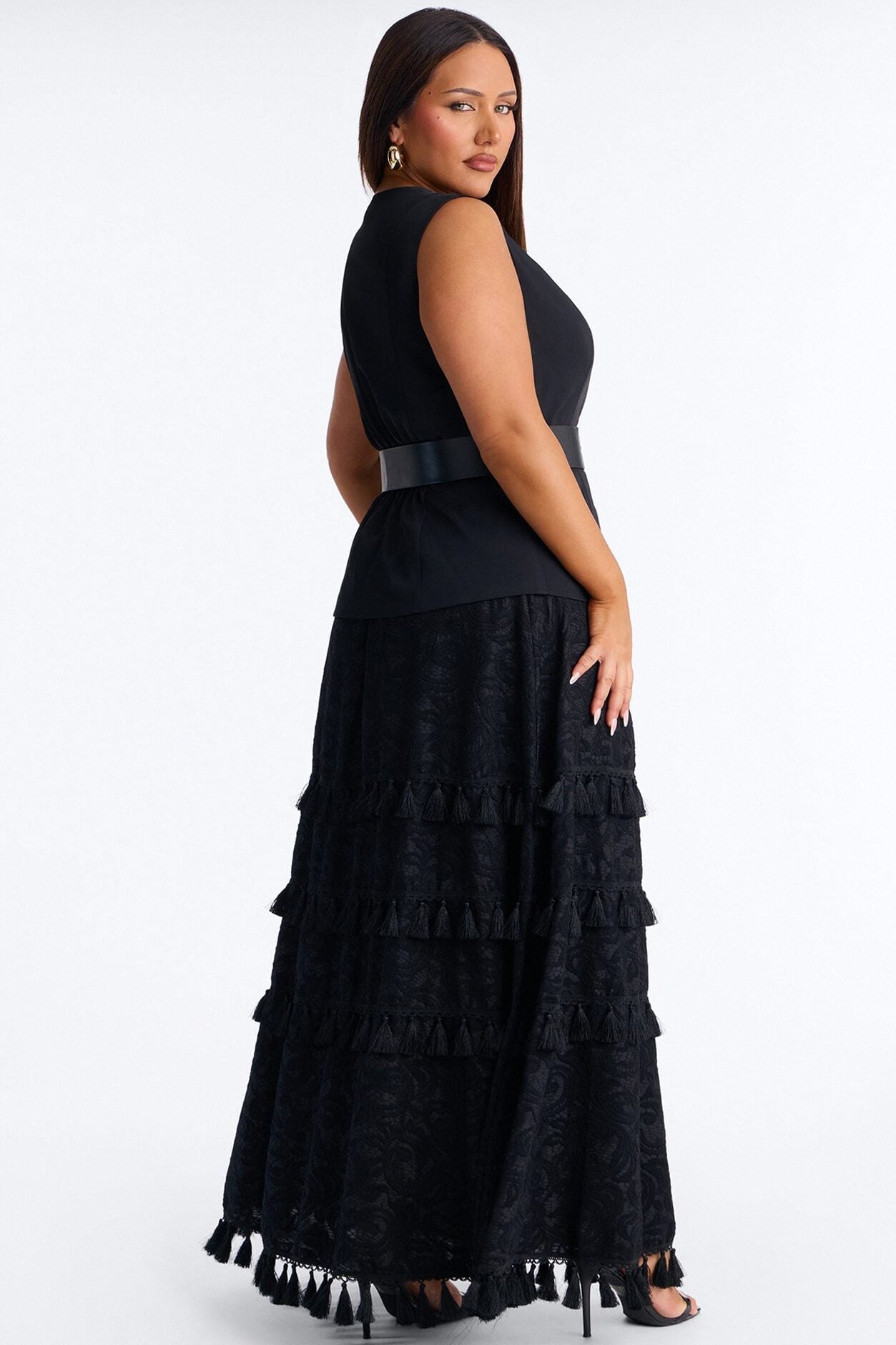 Inez Fringe Trim Belted Maxi Skirt Set - Black image 8