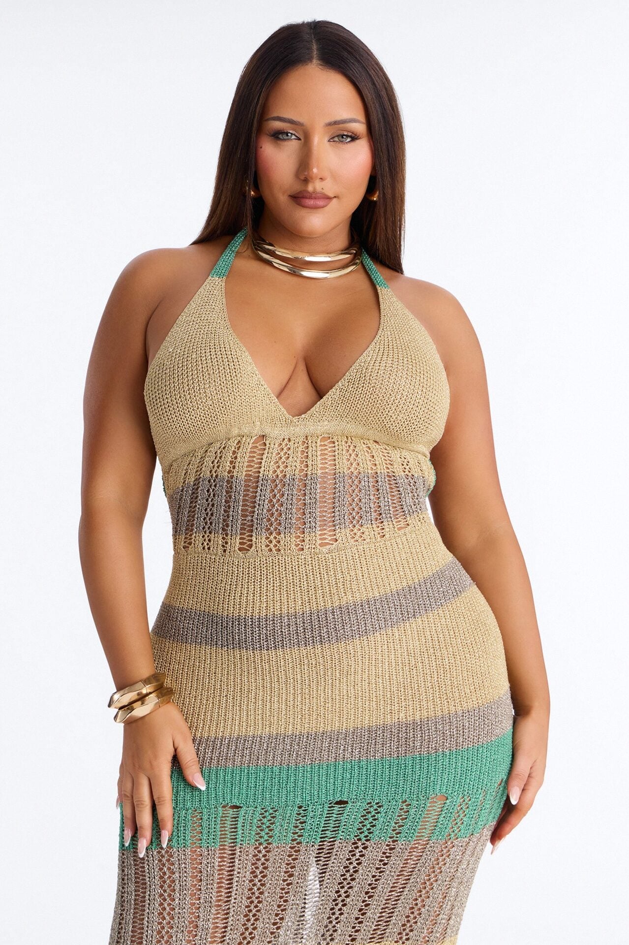 Ocean Goddess Metallic Crochet Maxi Dress - Gold/combo image 6