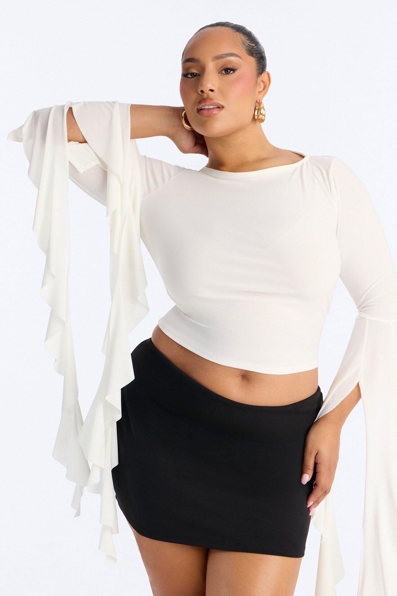 Isabella Boat Neck Ruffle Long Sleeve Top - White image 5