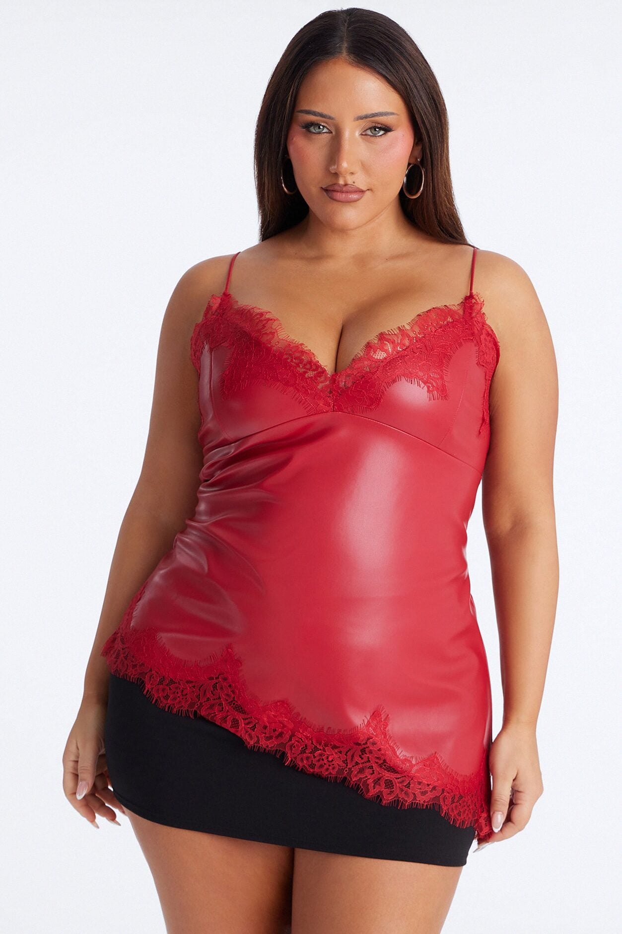 Late Nights Lace Trim Faux Leather Top - Red image 5