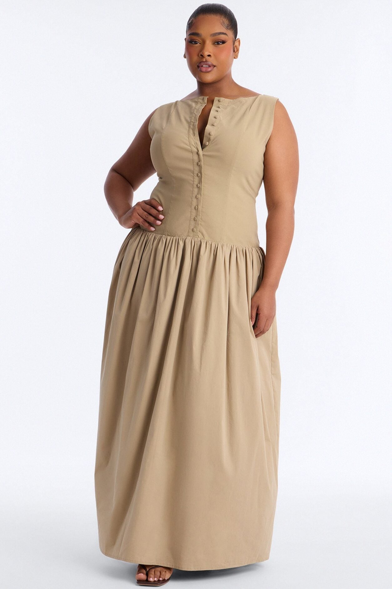 Everly Drop Waist Button Up Maxi Dress - Taupe image 5