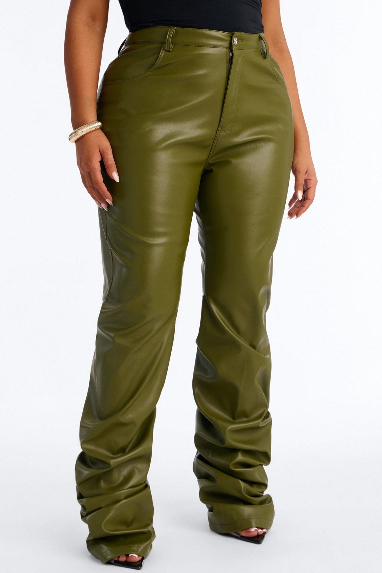 Making A Statement Faux Leather Stacked Pant 36 - Olive image 6