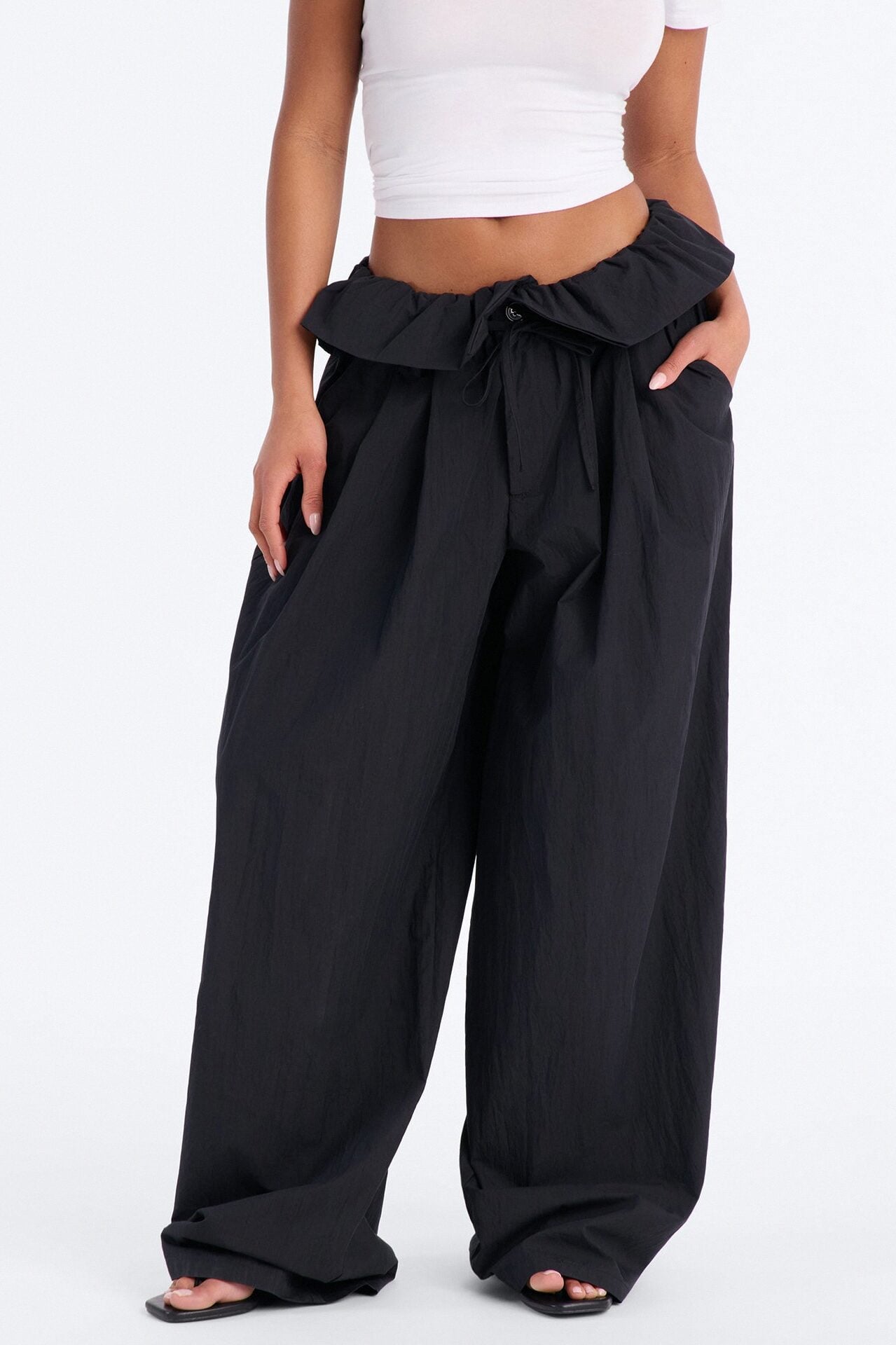All Strings Attached Fold Over Waist Windbreaker Pant 33″ - Black image 2