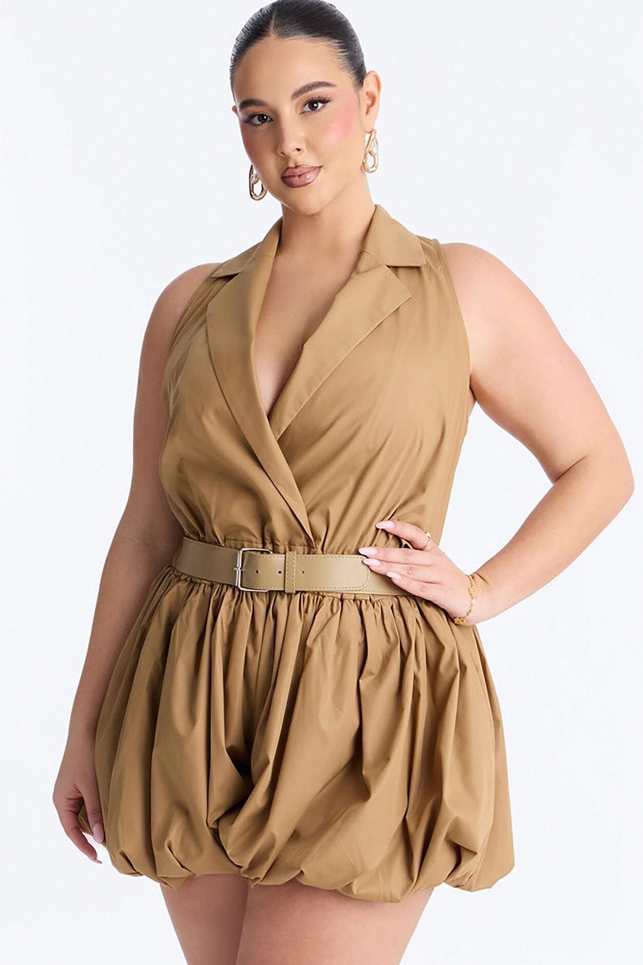 Cecille Poplin Belted Romper - Tan image 5