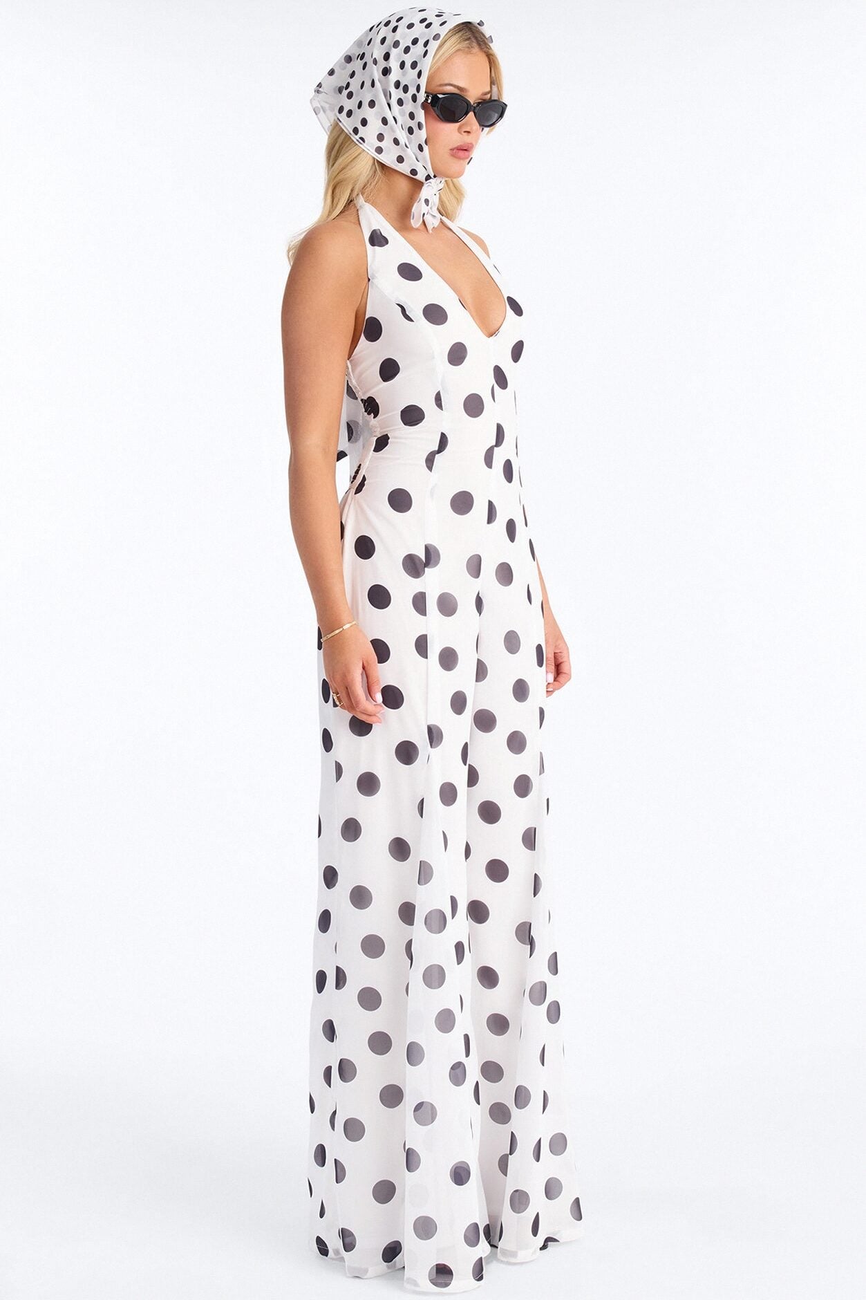 Bella Polka Dot Chiffon Headscarf And Jumpsuit - White/Black image 3
