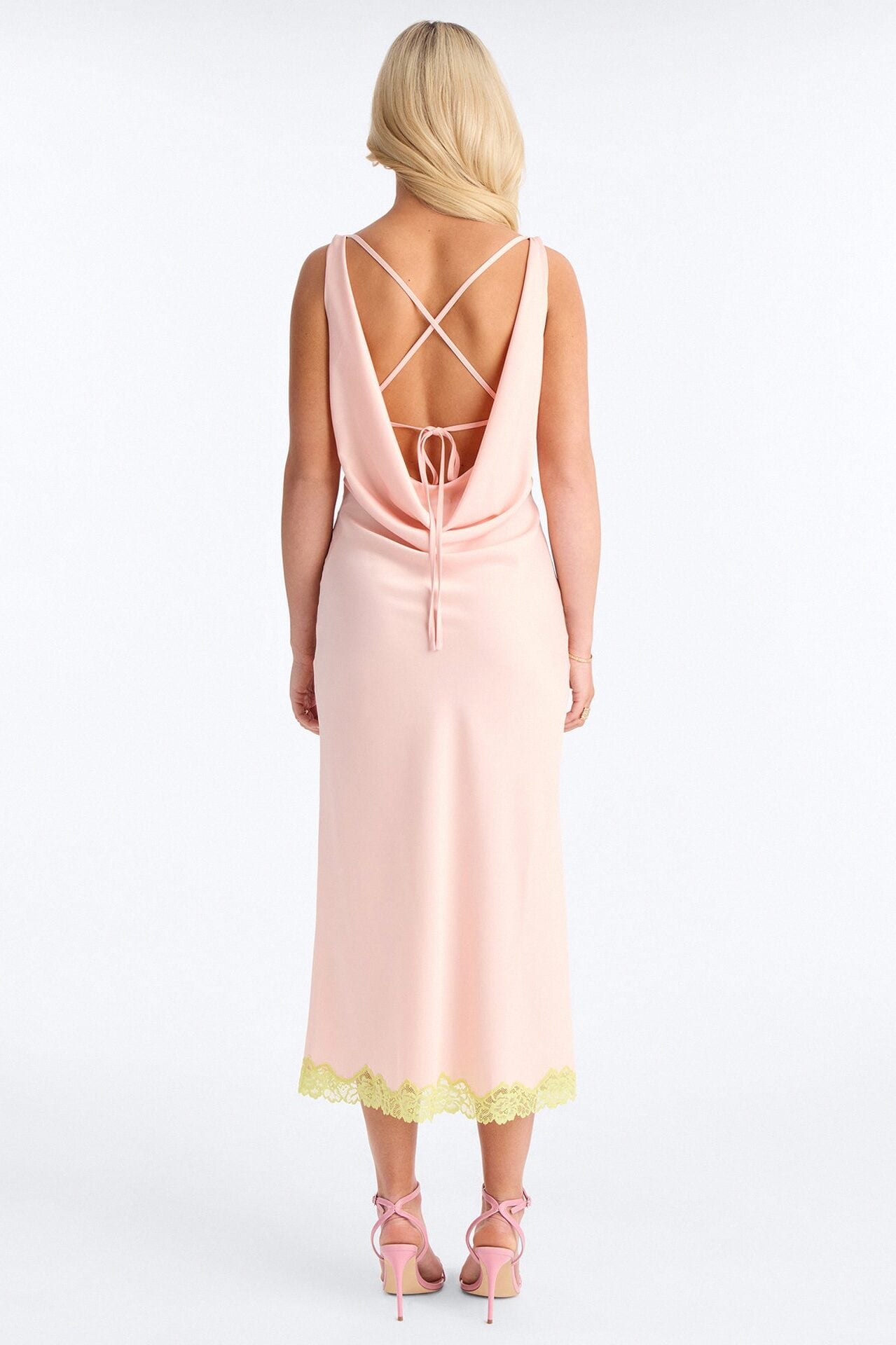 Sweet Satin Lace Trim Midi Dress - Pink/combo image 3