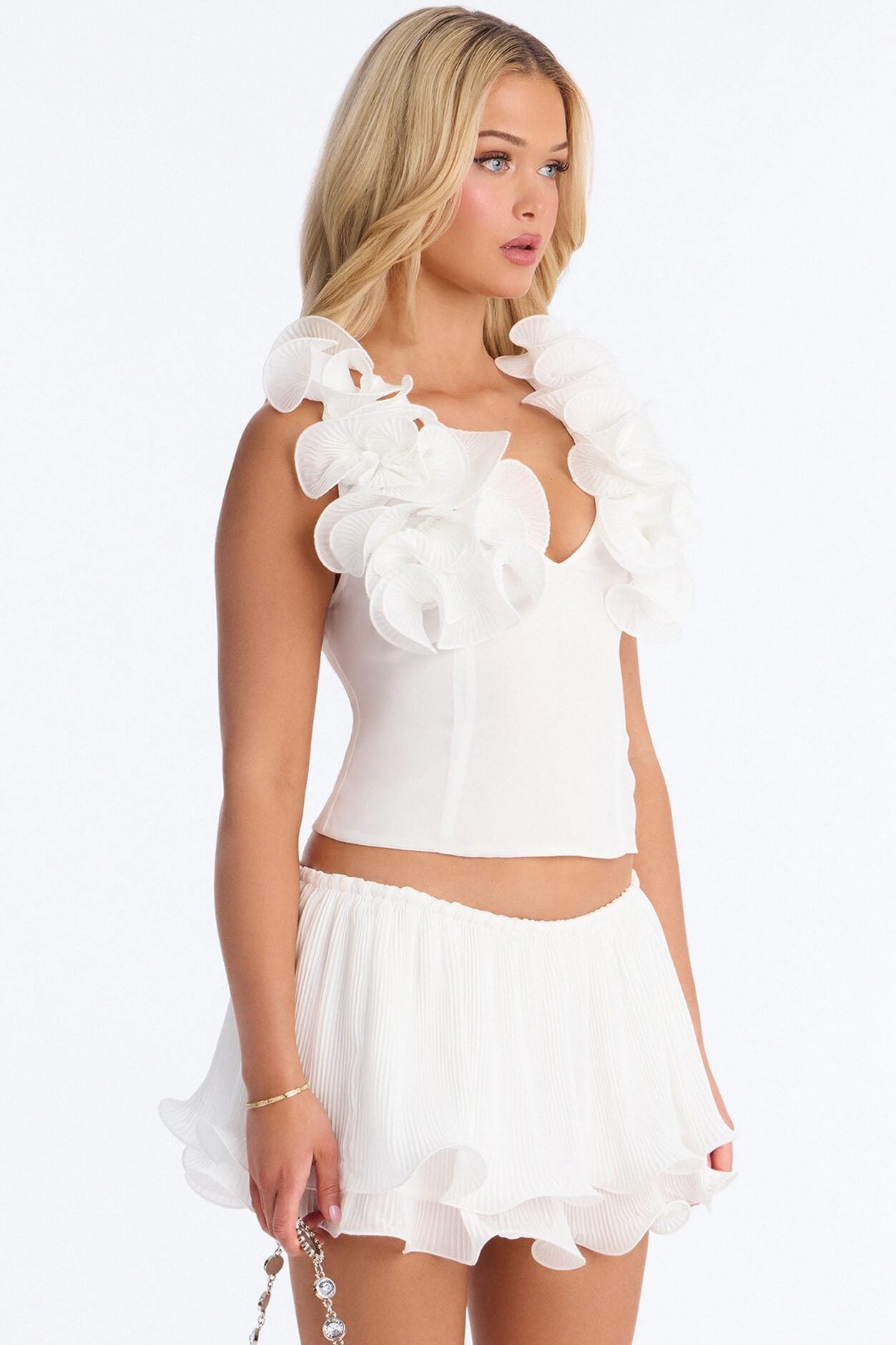 Spring Breeze Ruffle Chiffon Mini Skirt Set - White image 3