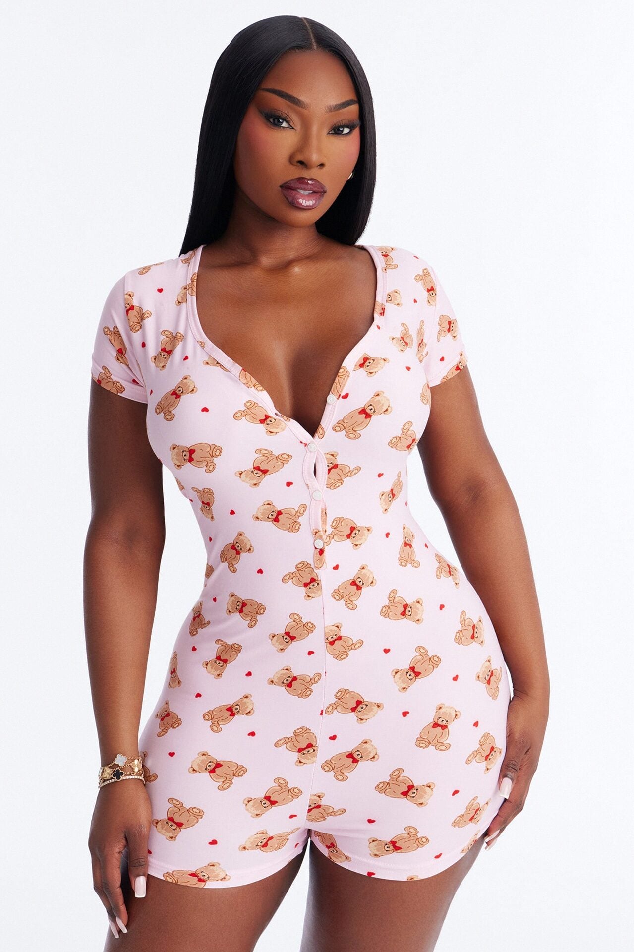 Cutie Bear PJ Romper Onesie - Pink image 1