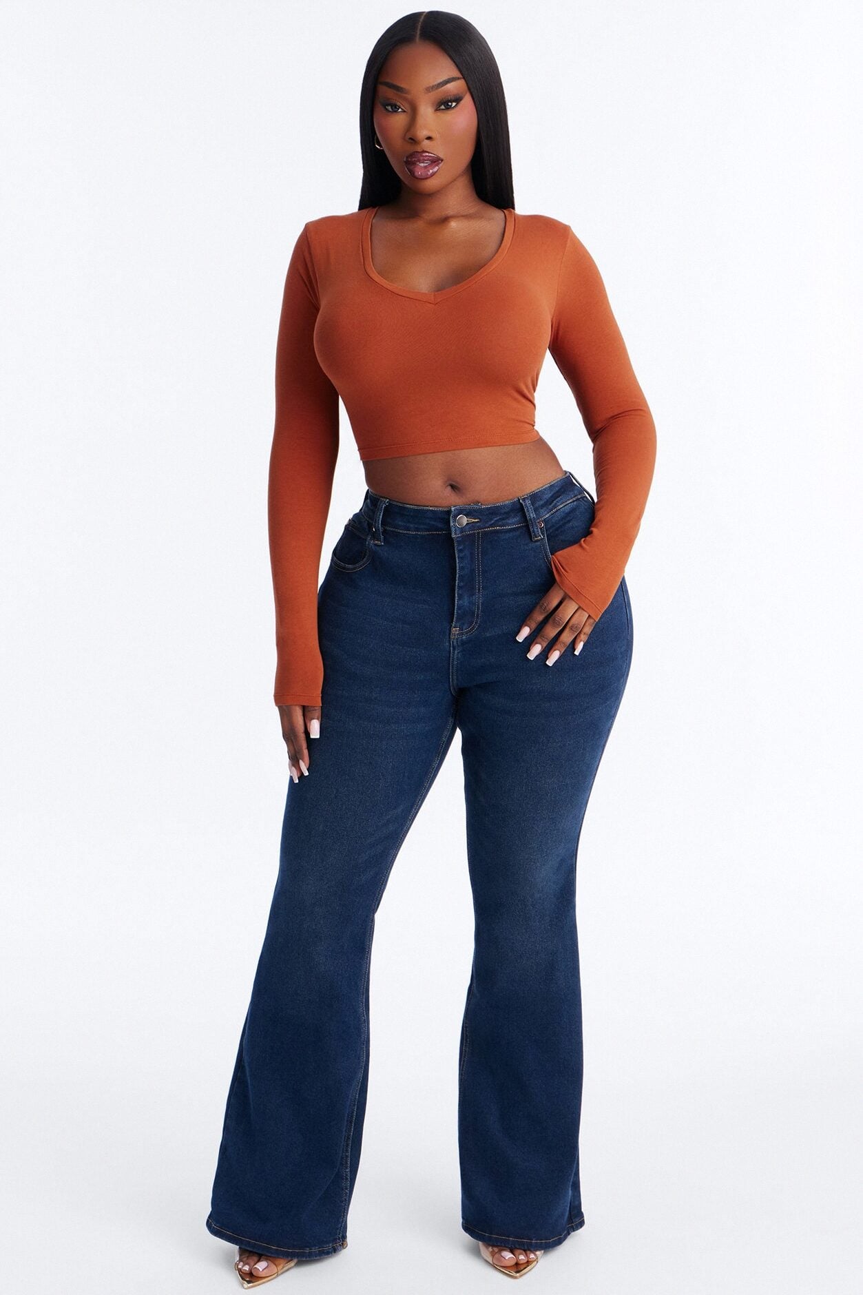 Carly V Neck Crop Long Sleeve Tee - Rust image 1