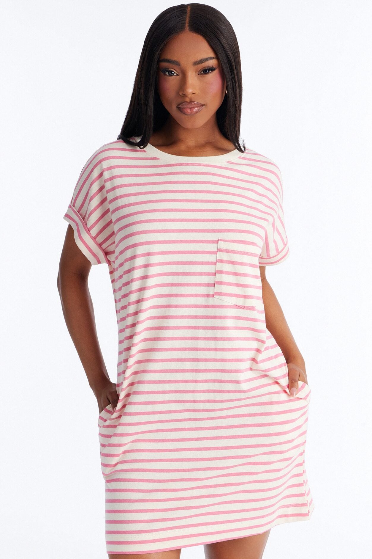 Raelynn Short Sleeve Cotton Shirt Mini Dress - White/Pink image 2