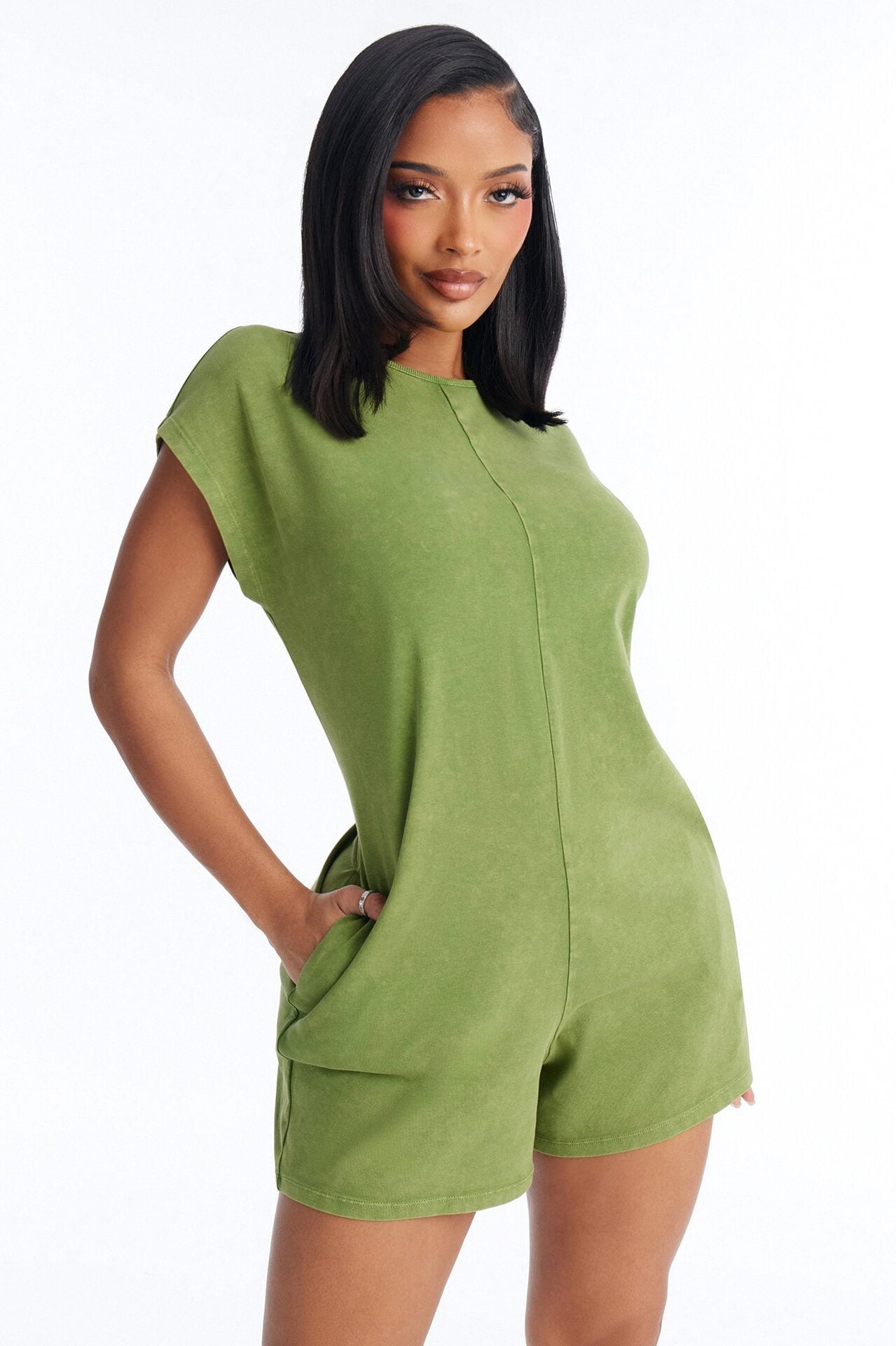 The Washed Cap Sleeve Romper - Sage image 2