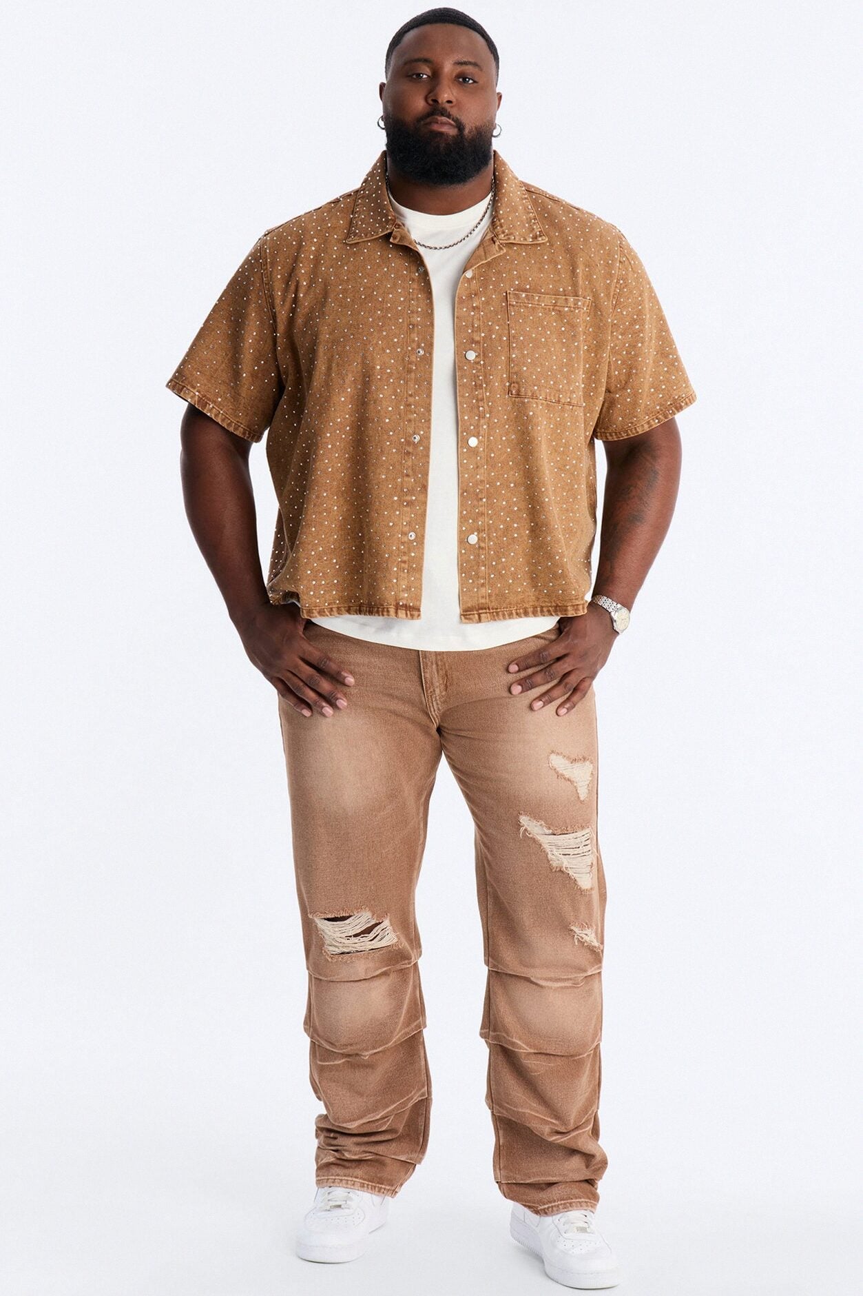 Cropped Embellished Denim Button Up Shirt - Brown image 1