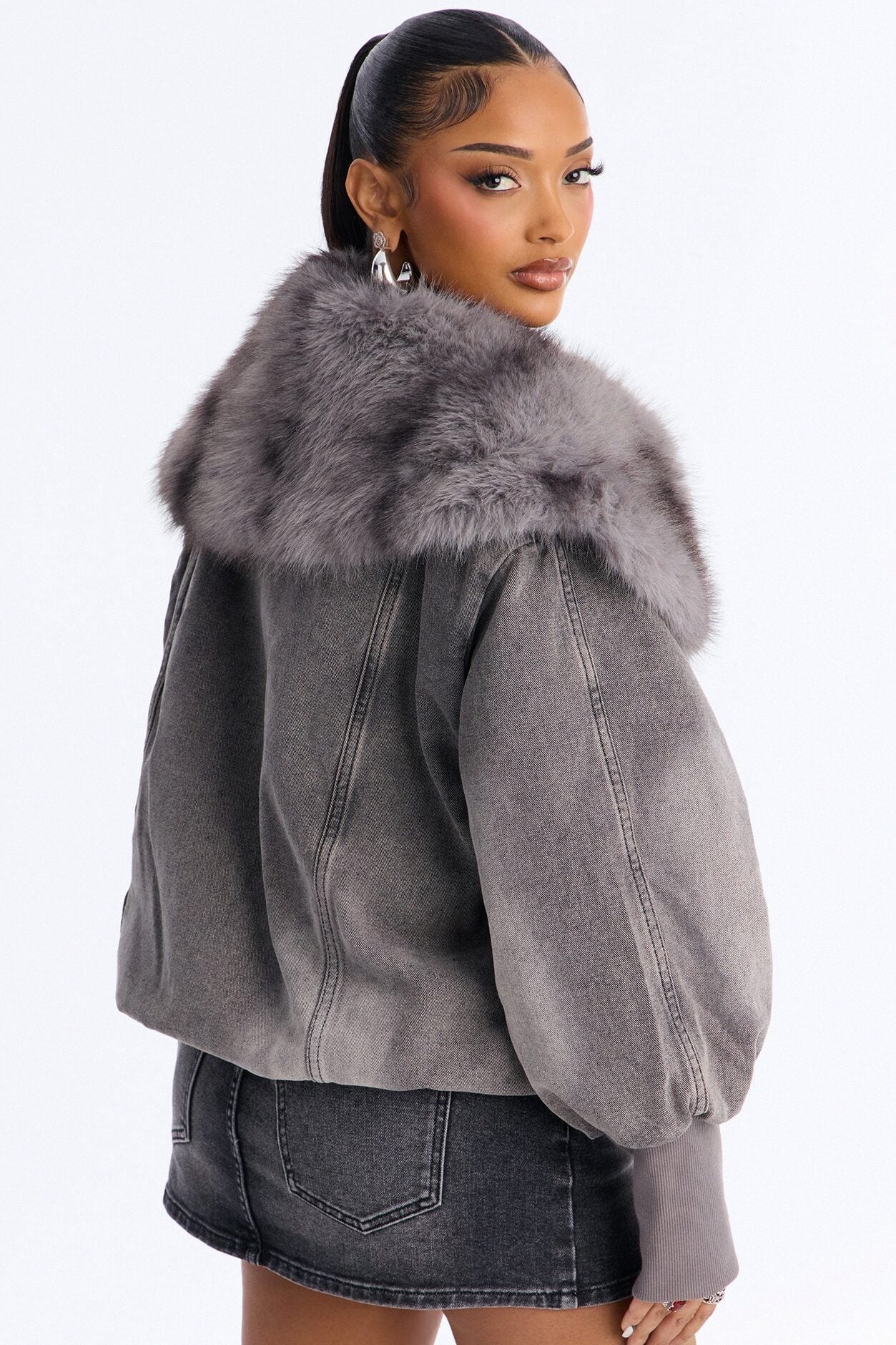 Vail Faux Fur Denim Bomber Jacket - Grey image 4