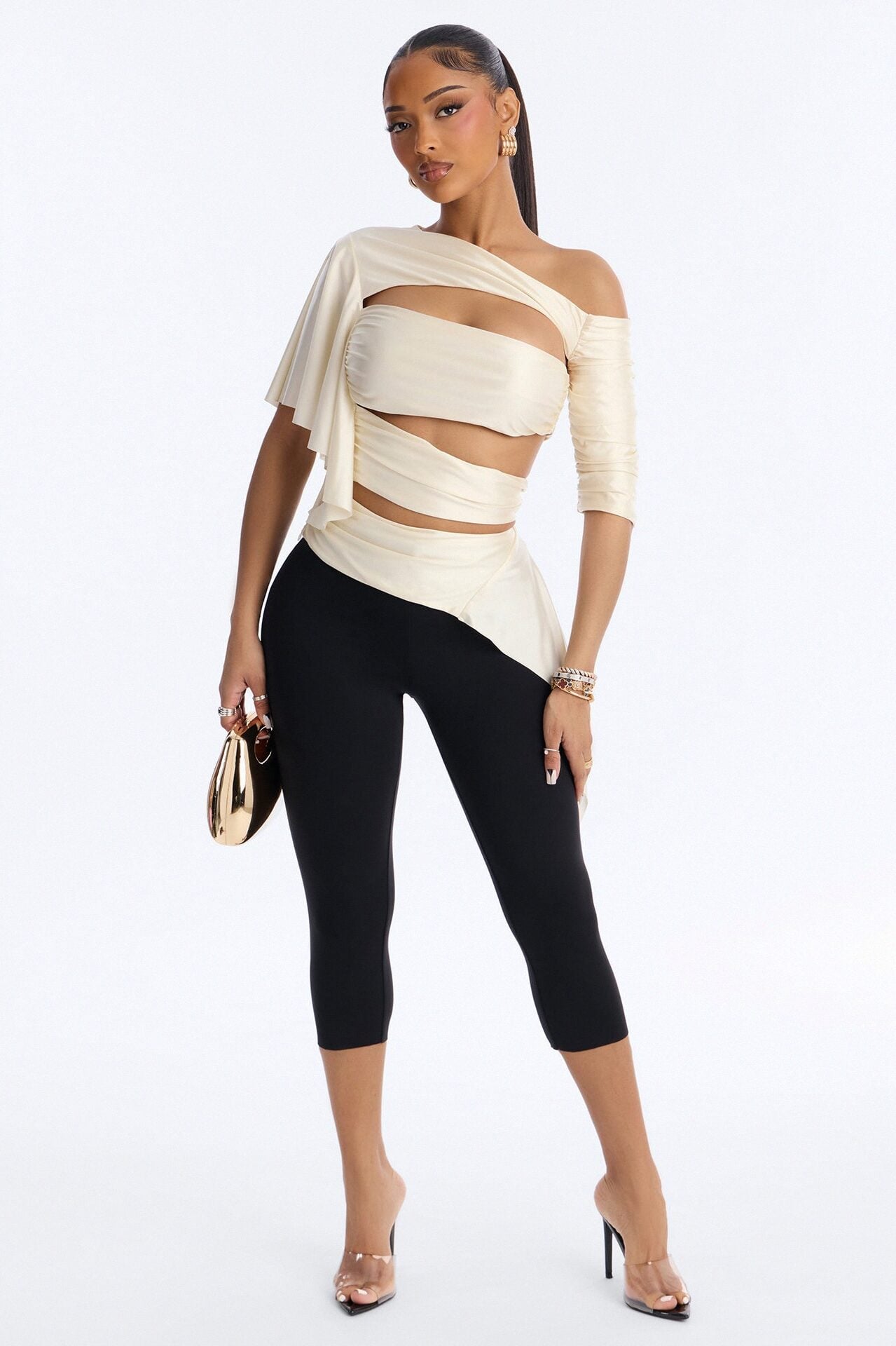 Arabella Off Shoulder Cut Out Short Sleeve top - Cream image 2