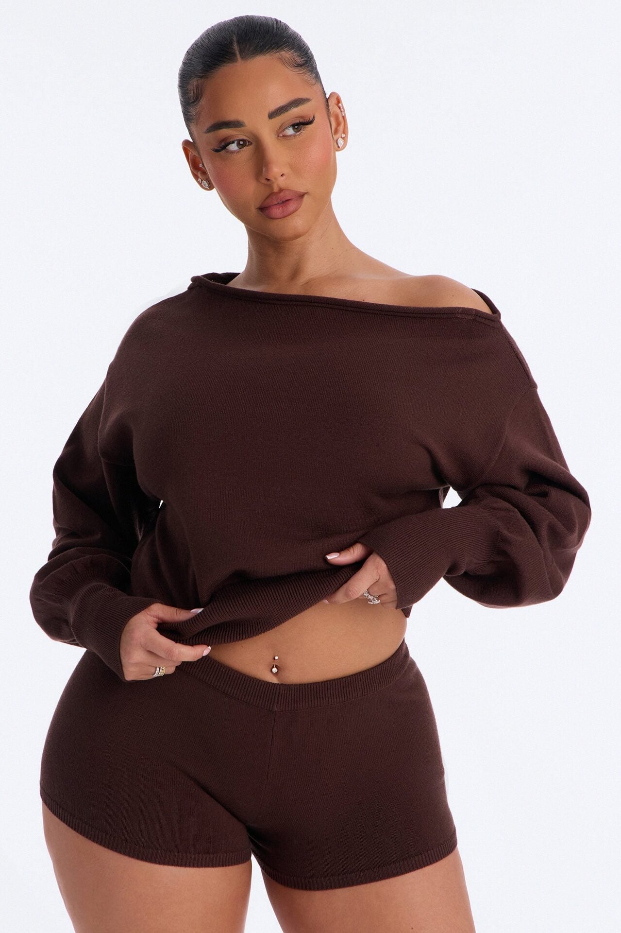 Stephanie Off Shoulder Sweater Micro Short Set - Chocolate image 2