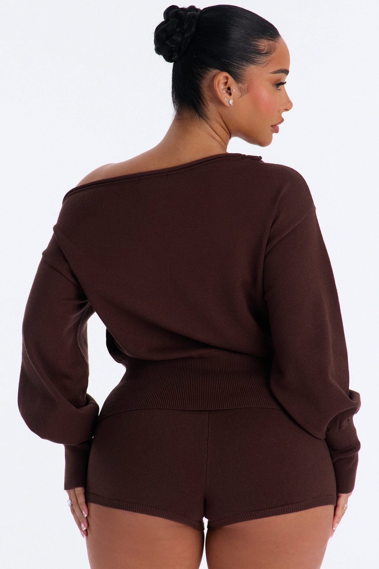 Stephanie Off Shoulder Sweater Micro Short Set - Chocolate image 4