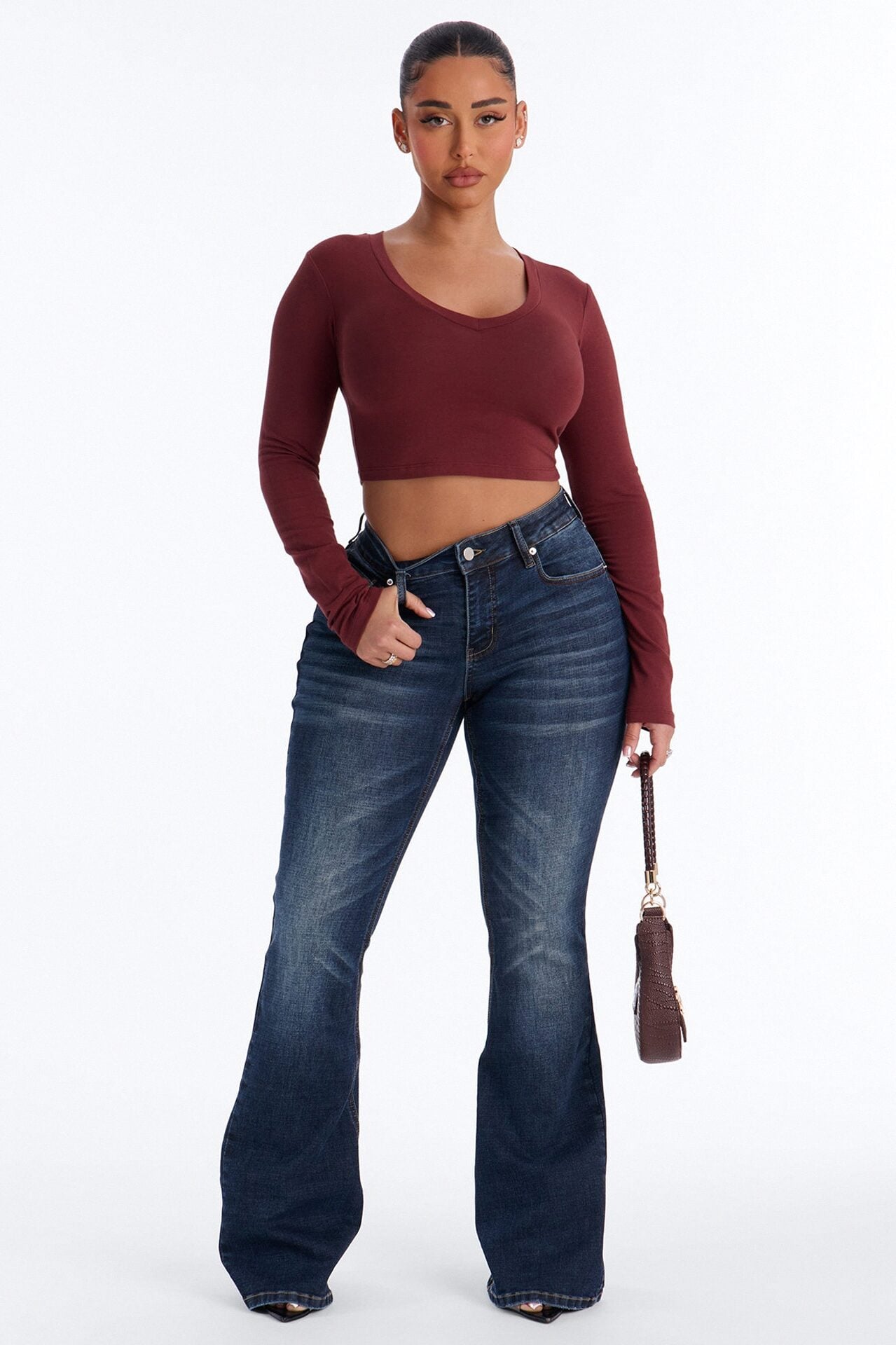 Carly V Neck Crop Long Sleeve Tee - Wine image 2