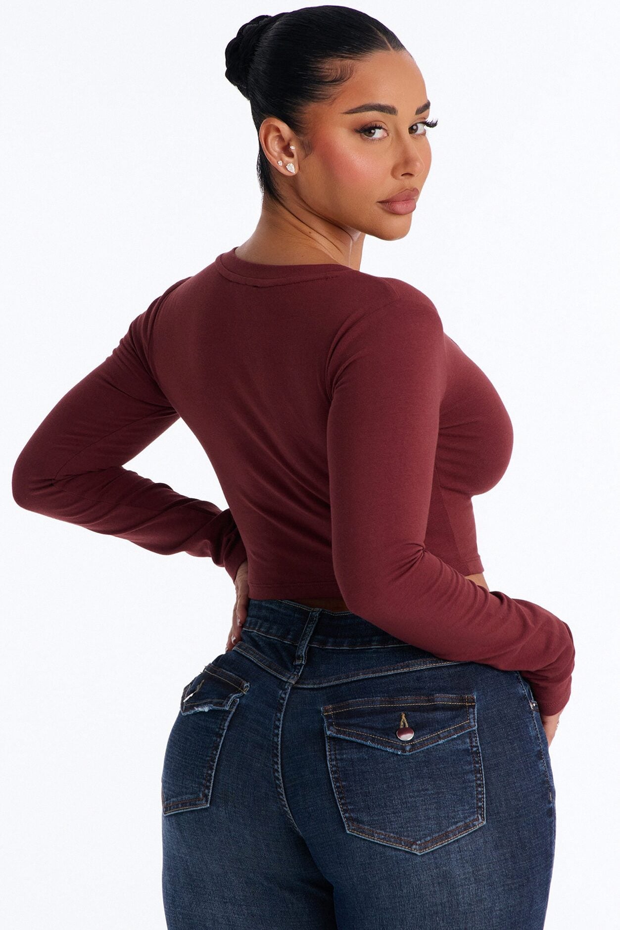 Carly V Neck Crop Long Sleeve Tee - Wine image 4