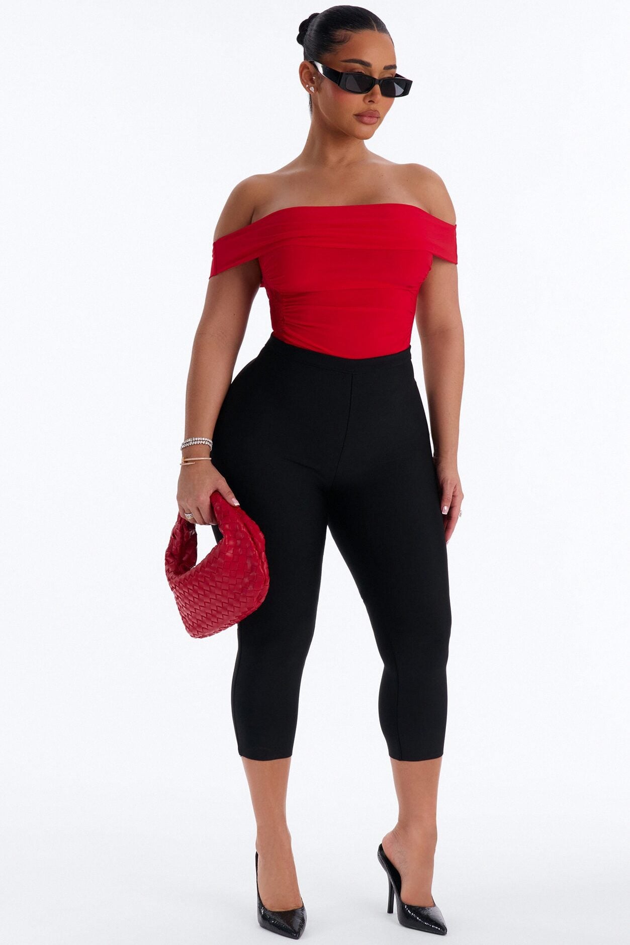 Show A Little Lace Off Shoulder Bodysuit - Red image 3