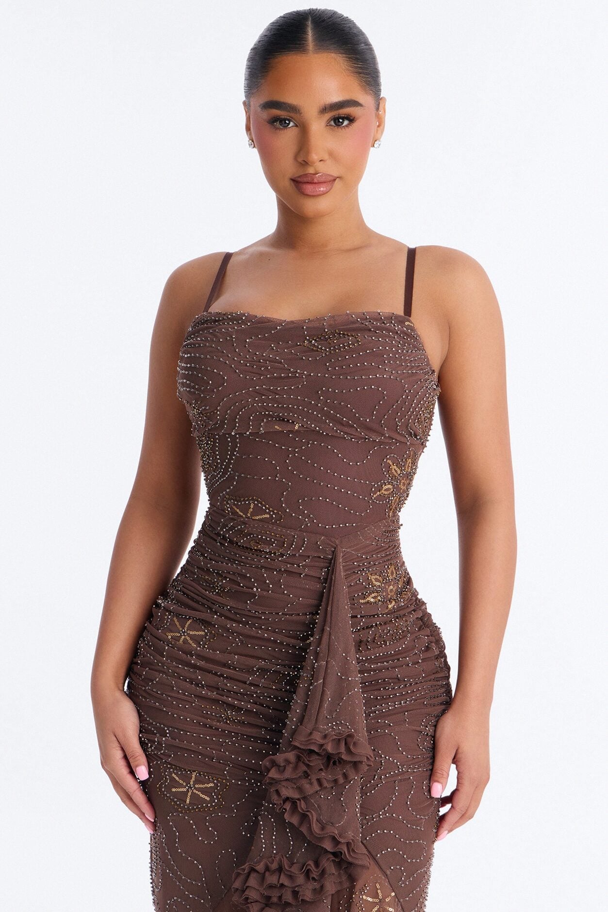 Elora Beaded Mesh Maxi Dress - Brown image 2