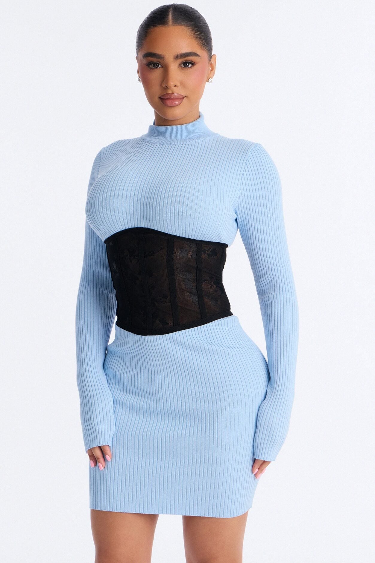 Makenna Corset Waist Sweater Mini Dress - Blue/Black image 2