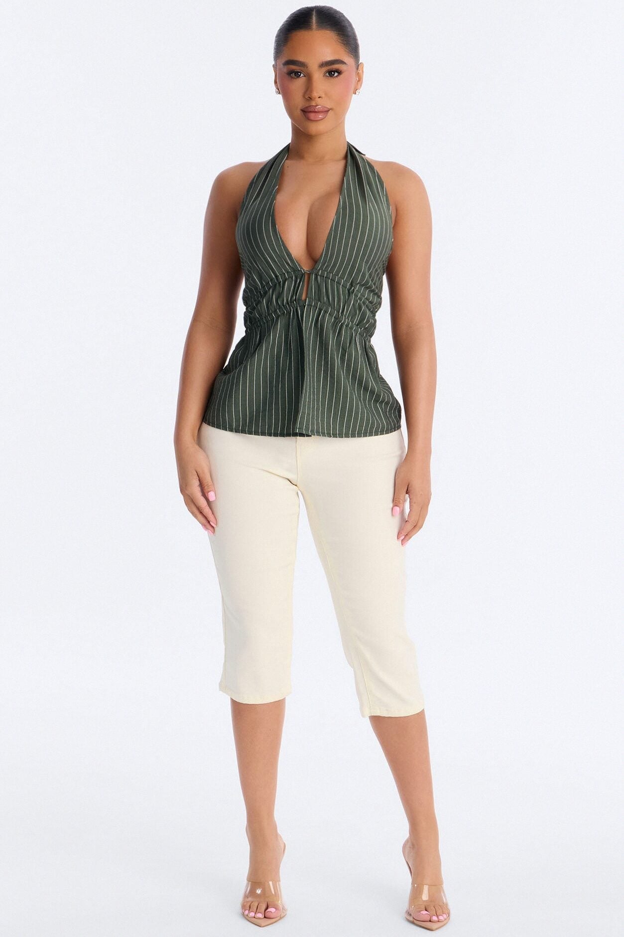 Soft Haze Linen Pinstripe Halter Top - Olive/combo image 2